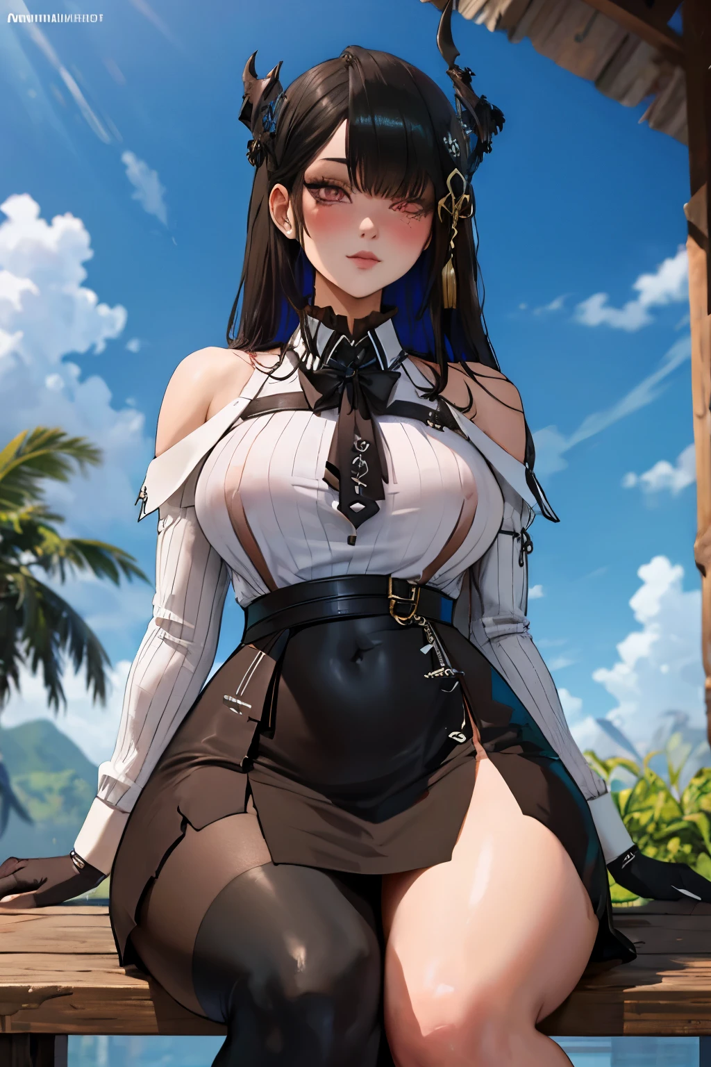 Military Uniform, Black Hair, Breast, Military Cap, Full body, Bikini
