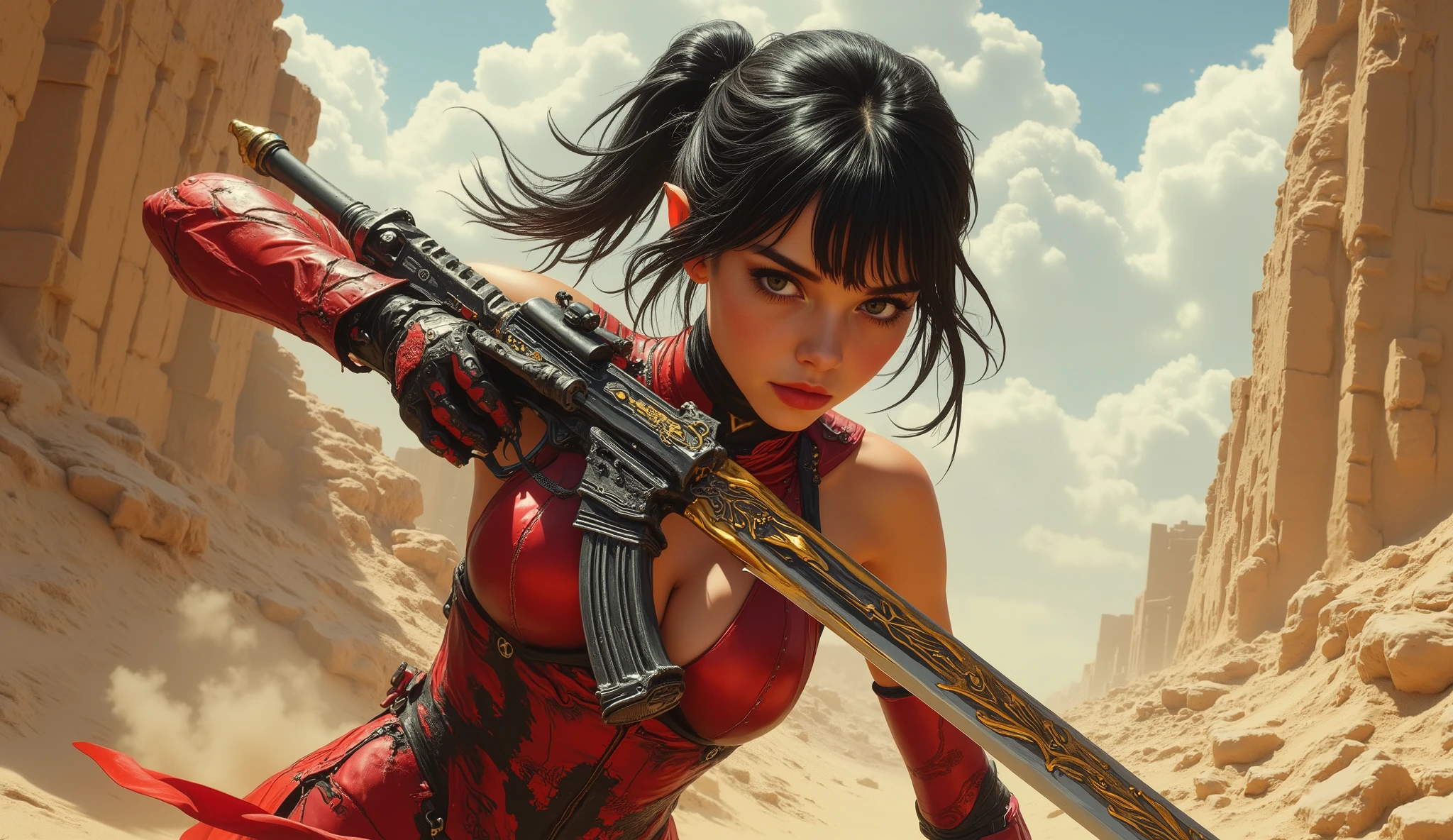 EE_Und, hochwertig, digitale Malerei, ((Highly accurate drawing in every detail)Extremely precise depiction)[high resolution],(detailed illustrations,とてもFineで緻密な描画, Delicate drawn lines with tempo , realistic texture expression ),[ color-traced main line ],[Ruinen-Hintergrund [ancient Egypt]],hentai (Anime-girl (nice) 16 jahre alt) Cyborg [(tanned skin) [shiny black hair]],((Bastet) (best quality), hochdetailliert, das Schwert haltend, high-quality sword, (Big gun), (Bubiklingen:1.2), Beautiful blade, (Angriffsstellung), Aktionspose, oversized iron sword, girl, Mechanischer Arm, brennender Arm, slash, ernst, Cyber weapon equipment, nicee Augen, super feine Augen, 