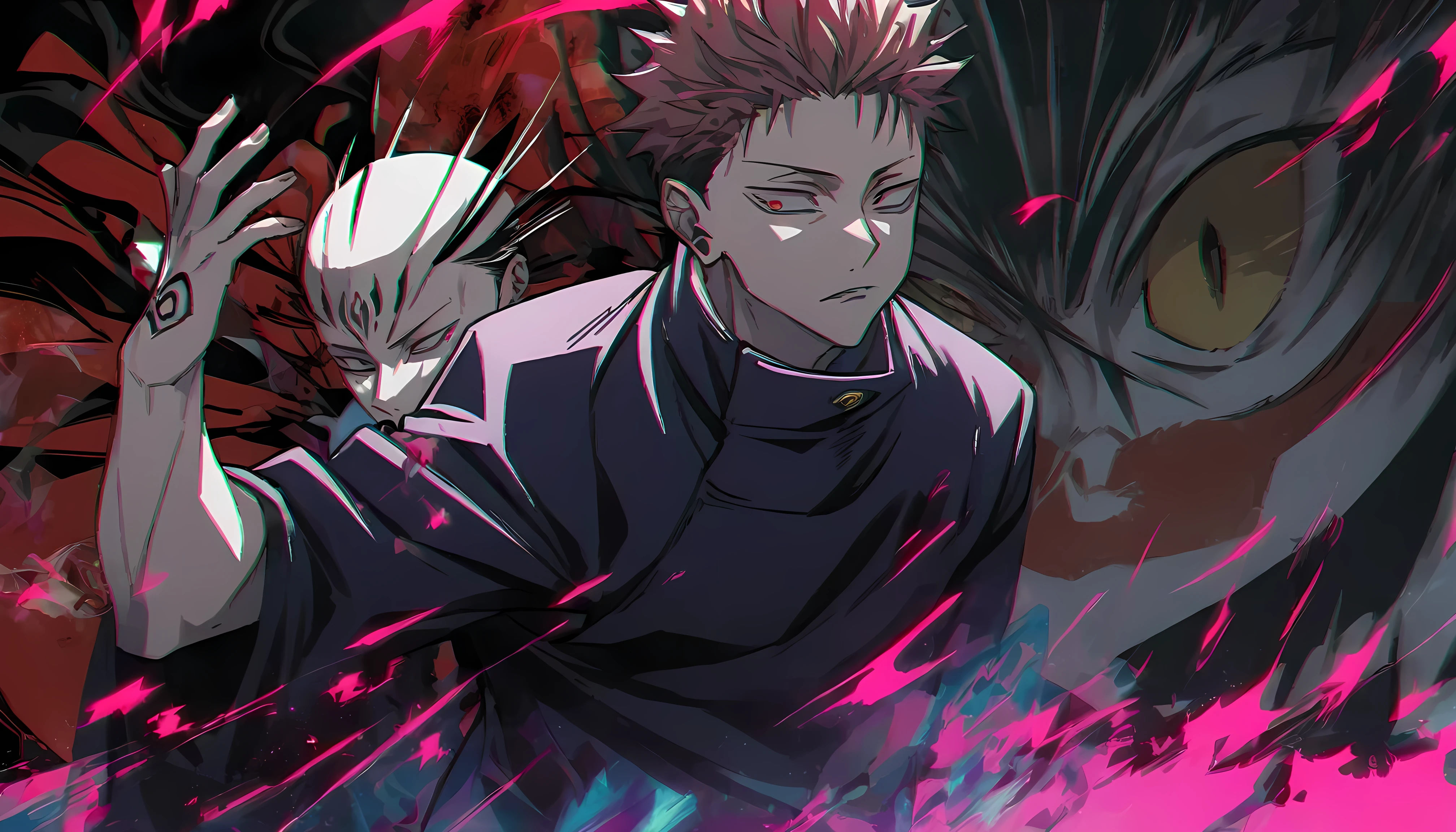 
---

"Create a dynamic and intense artwork featuring Yuji Itadori and Sukuna from 'Jujutsu Kaisen.' Yuji should be depicted in a powerful stance, with determination in his eyes, while Sukuna's malevolent presence looms behind him, embodying his sinister nature. Incorporate a glitch effect to symbolize the chaotic and unstable connection between them. Use sharp contrasts, fragmented visuals, and digital distortions to enhance the tension and complexity of their relationship."

---

