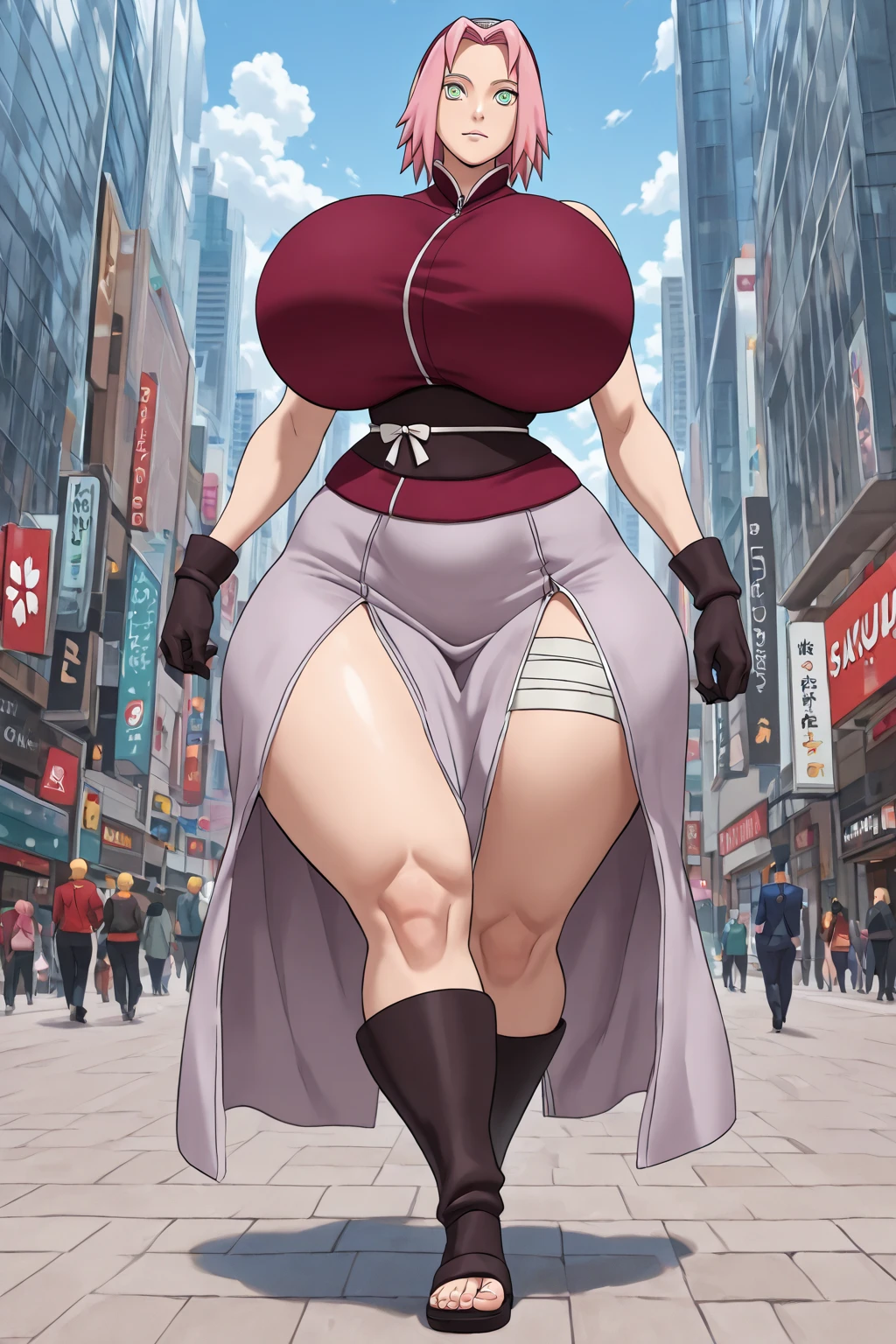 sao anime style asuna \(sao\), 1girl, brown eyes, bright purple hair,Big breast,Fake big breast,Sculpted calves,Wide hips,Big ass,Tight tights,scoop Cleavage, Skindentation,Long thick Wavy hair,thin long sleeve dress,Walking in street,Purple lips,dark blue Eyeshadow,Fancy earring,chain Dog tag,multistrand necklace,Solo,1girl,Mature,Curvy figure,Swaying hips,Heels,Confident walk,eyelash,Bare leg,Light blush,Thick lips,Half eyes open expression,Calm expression,Smile