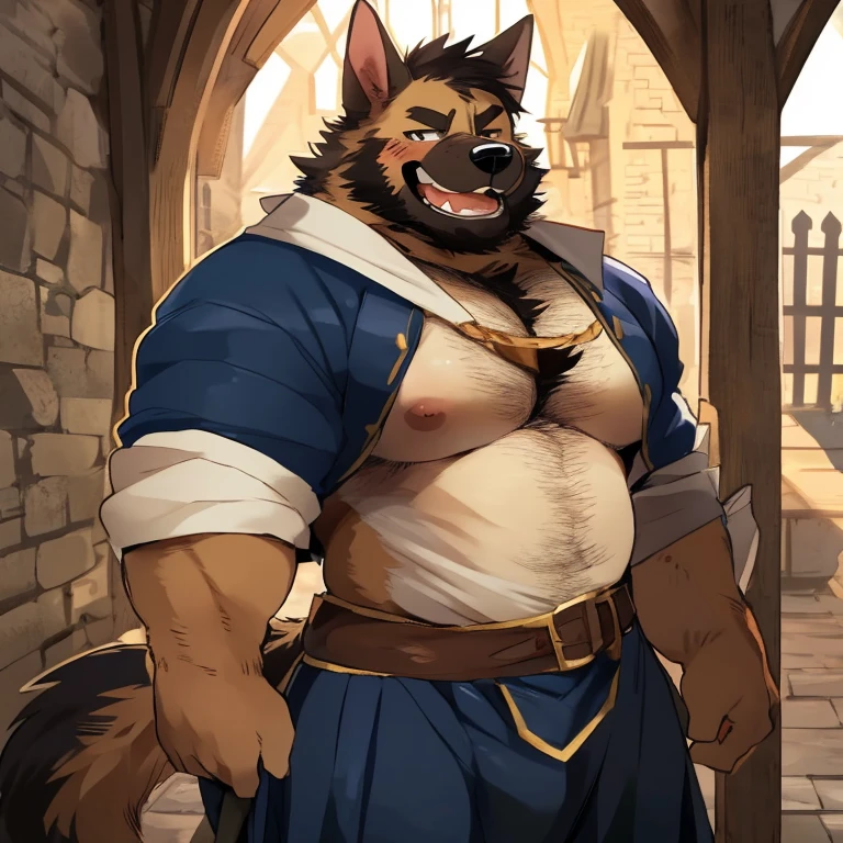 Solo, Male, canine, newfoundland, newfoundland dog, (short hair, snout), messy fur, messy hair, smirking, notched ear, by Bebebebebe, by Spikes, By Darkgem, by Mystic Fox 61, by Chunie, standing, looking at viewer, fantasy village, steel chestpiece, steel armor, knight, steel shoulderpads, big heavy sweat balls, thick veiny penis
