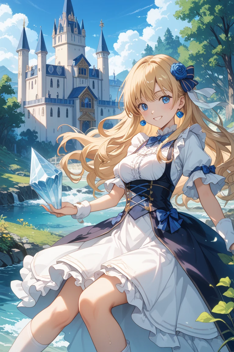 (8K, Raw photo), highest quality, (masterpiece:1.2), very detailed, Day, outdoor, (beautiful and clear background:1.2), 1 girl, alone, 11 years old、Latifah blooming, open your mouth, Happy, smile, looking at the viewer, blonde hair, long hair, very long hair, blue eyes, (Beautiful detailed eyes: 1.2), (tiara, pink dress, bare shoulders, gown, necklace, gloves), ((Theme park)), (ride on a boat, bathing, Wet, pool, water, water fall, water splash, plant, wood, train), flat chest, (((lift skirt, white lace panties))),
