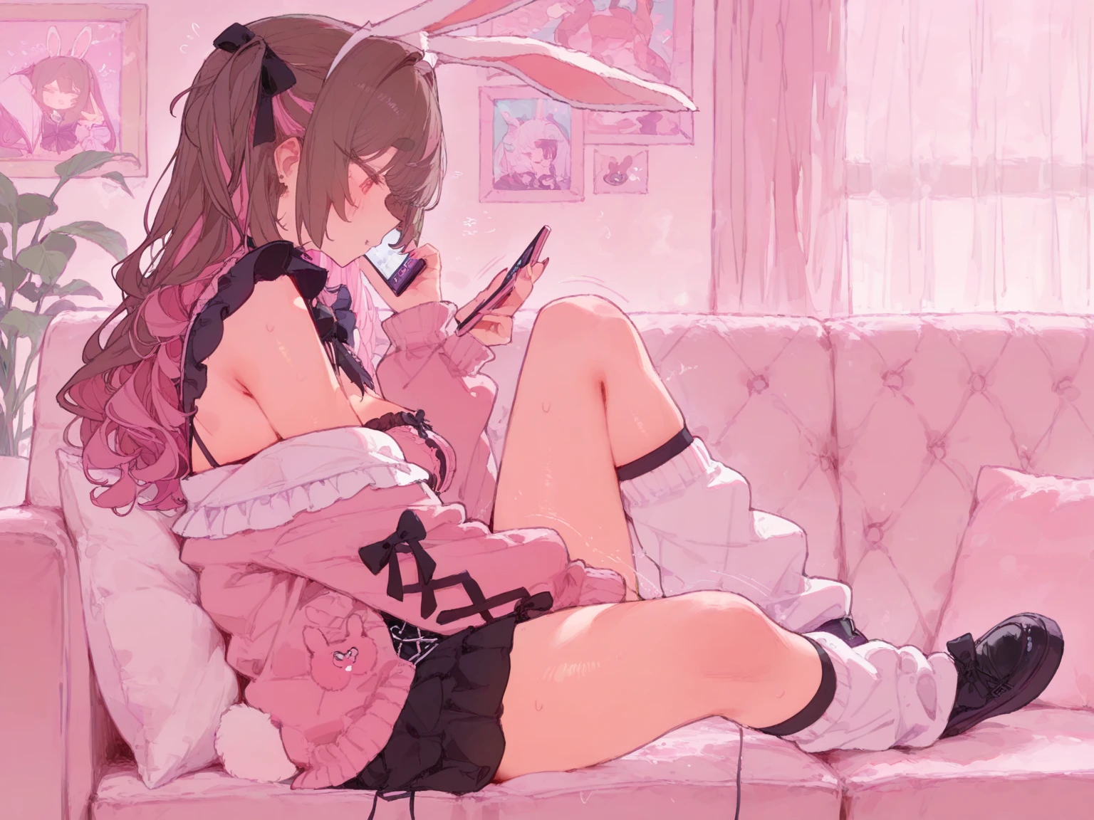 One girl. (masutepiece, of the highest quality, Kyoto Animation Style Illustration, of the highest quality, Official art, aesthetics, Beautiful details, :1. 2), BREAK, (17 years old girl), Very detailed, colourfull, highest details, BREAK, (girl, Cute, Cheerful, Loli face, A dark-haired、a short bob、tareme, gleaming skin, Hugging a stuffed rabbit, Playboy Bunny, shiny school swimsuit, High socks with pink and yellow stripes,Pink Bunny Years Hair Band, Eat carrots and lie on the couch, Open legs wide ,Awaken,looks sleepy (Toy store background, Lots of stuffed animals,cuckoo clock:1.2),