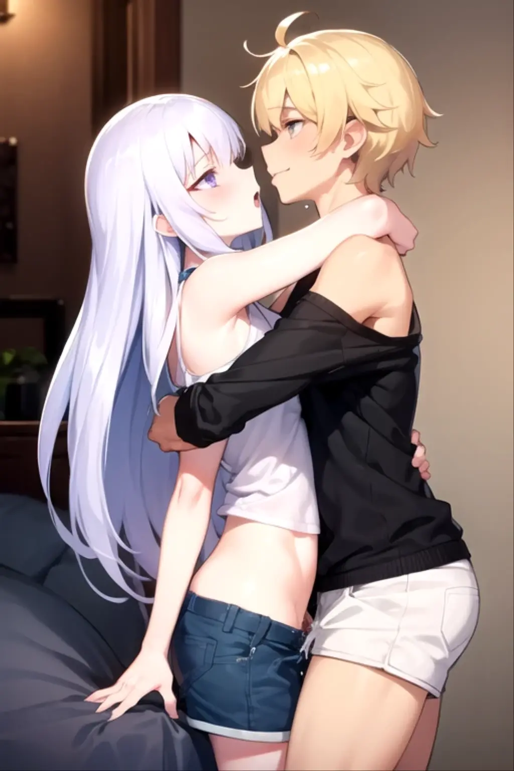 beautiful eyes,{best quality}, {very aesthetic}, {ultra-detailed}, {best illustration}, {{2boys:2}}, beautiful eyes,bl, Boys love,Two sexy boys,(Fox ears),open mouth,((otoko no ko:1.8)),(silver hair),( long hair),nsfw,anal,sex,projectile cum,drooling,((blushing)),ass fofus,(Cum in anus),(cum in ass),Long Bangs,(completely nude:1.9),((flat chest)),standing,from side