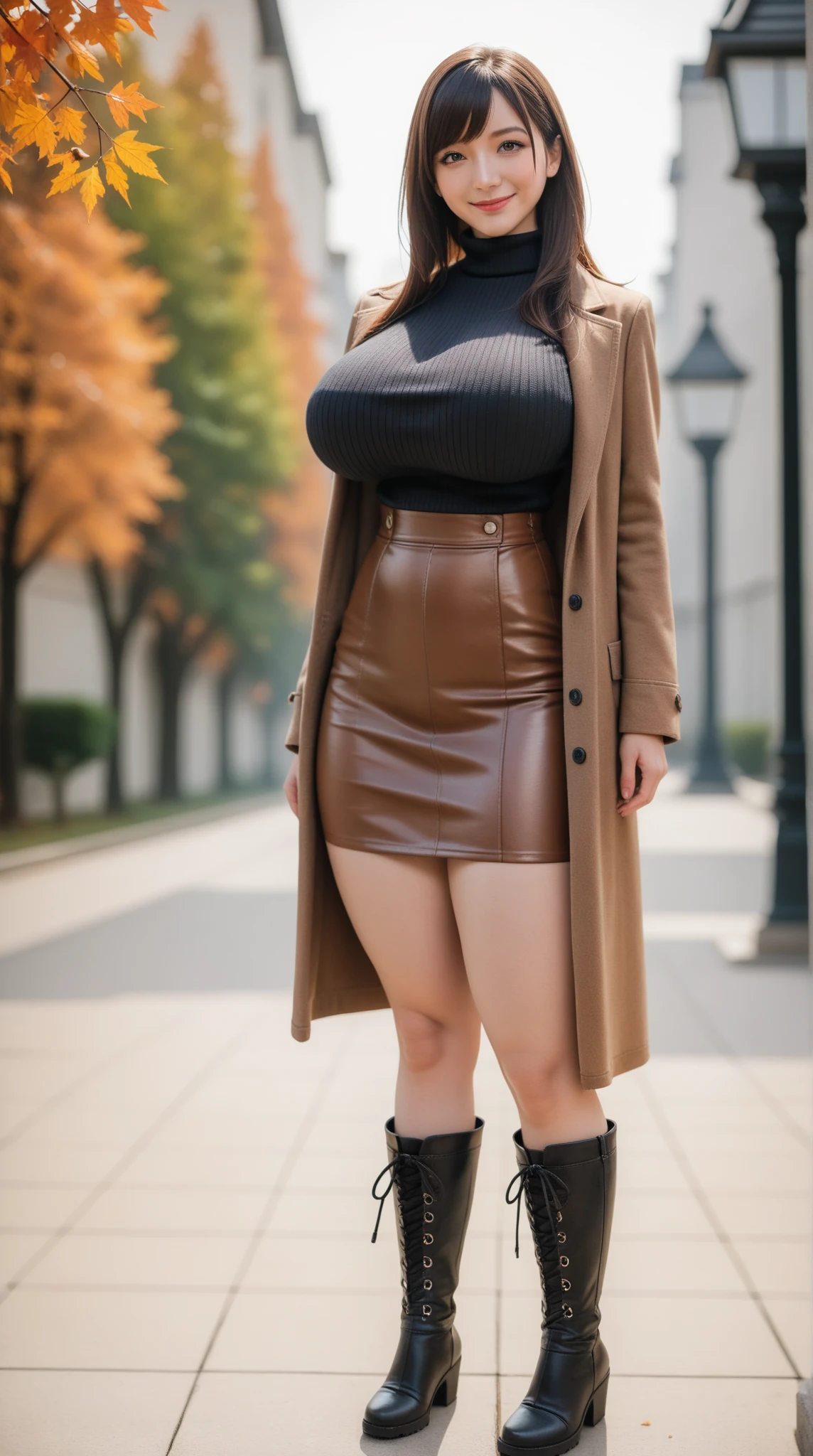 Photorealistic perfect body、(huge-breasted:1.7)、Waist slender、having clothes are worn、(parka:1.5)、(mini pleated skirt:1.5)、(kneehigh boots:1.5)、(cleavage:1.7)、(one girls:1.9)、Ultra-high image quality、Ultra-high realistic image quality、(Blonde hair:1.4)、japanes、Teenage face、the background is blurred、Cute smile、(tanned brown skin:1.4)、Dark eyeshadow、thick eyeliner、Gal style earrings、Gal style necklace、Gal style bracelet、gal make、fullllbody