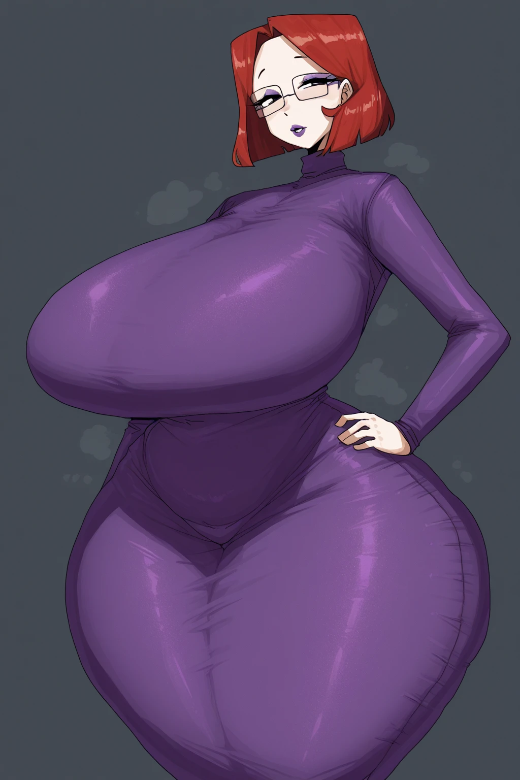 xyzdaphne, 1girl, Beautiful, Portrait, macro shot, 3D model, cycles render, (green scarf), orange hair, purple dress, hairband, long sleeves, green eyes, Huge-breasts, Heavy breasts, hands under chest, Embarrassed, blushes
