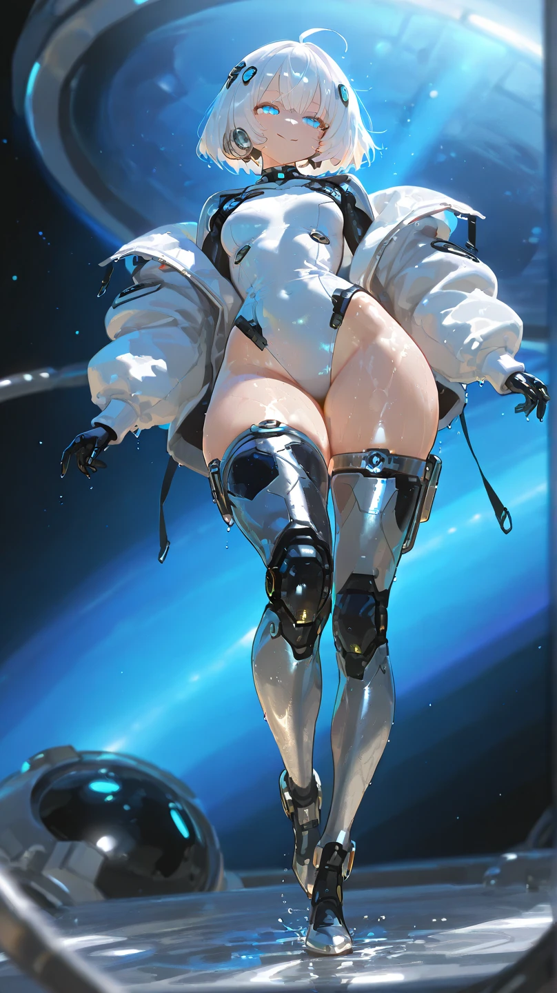 cyber girl in space, white and black body suit, sci-fi, perfect body, bare legs, dark hair, smiling, beautiful eyes, detailed, masterpiece, high res, high quality, planets, stars
