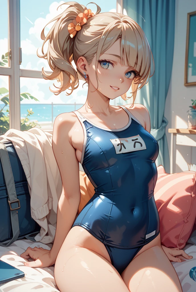 (Unity 16K Wallpaper, Masterpiece, Best Quality, Ultra-Detailed, Extremely Detailed CG, Caustics, Cinematic Lighting, Detailed, Beautiful Detailed Eyes, solo, vivid image quality, brighten the subject, beach),Ultra High Resolution, fine skin、sexy, (curby), nsfw,(school swimsuit:1.3), small breasts, smile, cowboyshot,cardigan