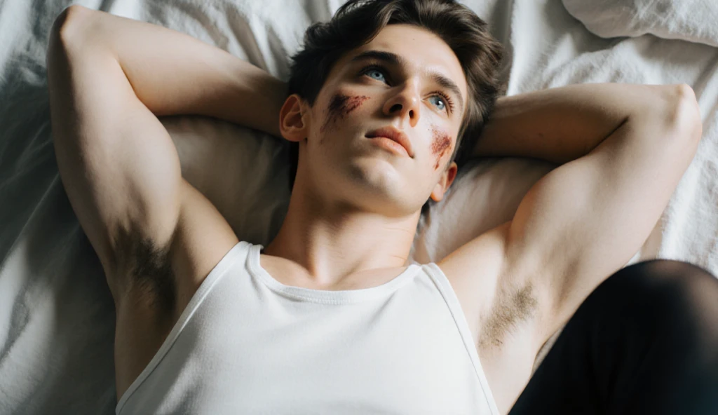 A  crying in a psychiatrist&#39;s room with wounds on his body. 