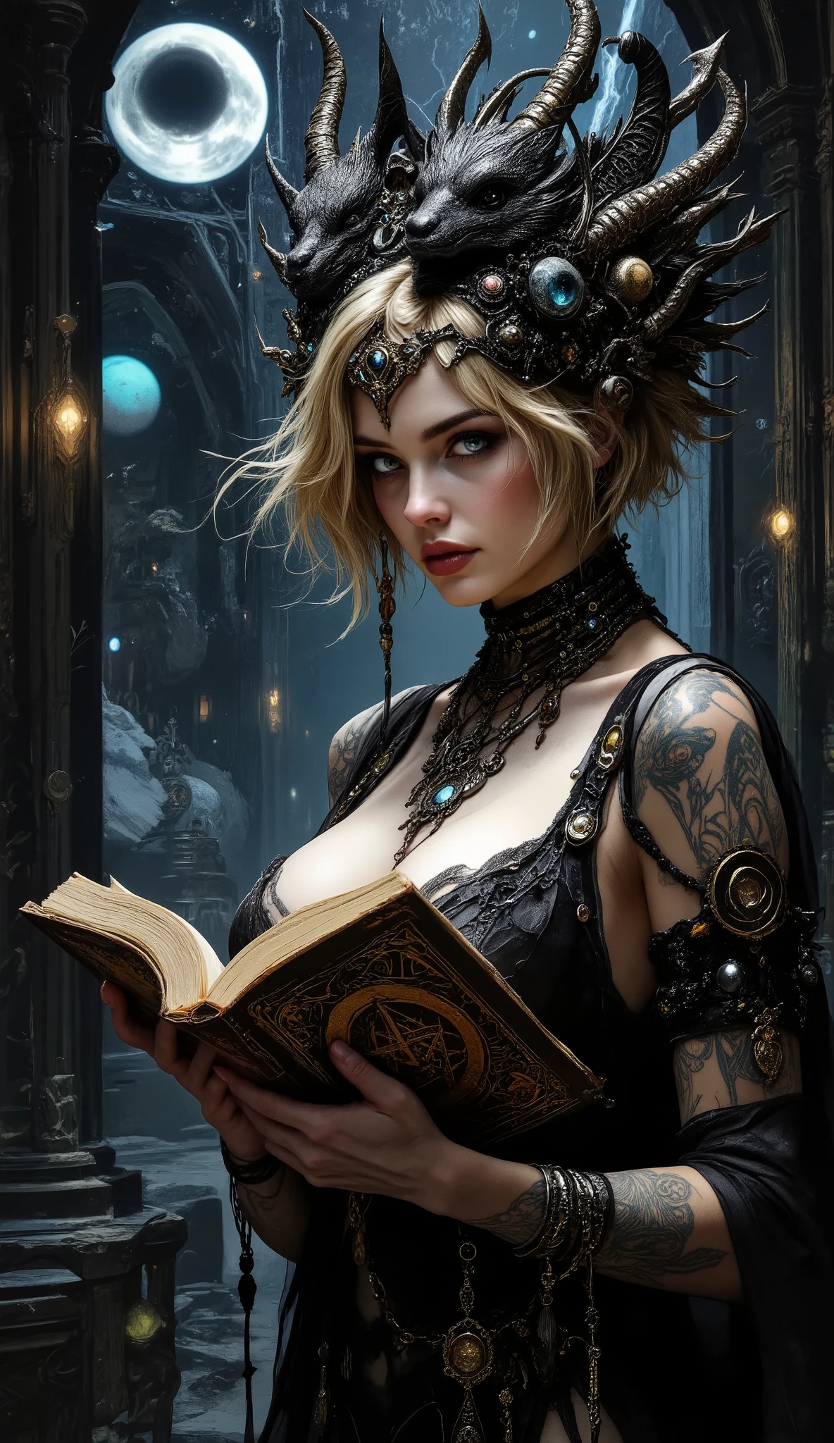 Surreal Painting, An extravagant, mysterious female figure dressed in intricately embroidered black and white finely cut seductive attire that hides nothing about her perfectly made voluptuos and statuesque, the harness hugs her ravishingly captivating form along with layers of a dark transparent cloak that recalls tales of Helen of Troy or Persephone, short but very well styled dirty blonde hair, showing plenty of cleavage and elegantly tattooed skin but nothing too indecent, A jeweled rosary with a largepentagram instead of a cross rests on her shoulder,Allusions to a historical or religious background or past lives but of an occult nature, secret histories and universal laws of the metaphysical world are hinted at in her expressive mysterious eyes, her hands are tightly gripping a very ancient illuminated book of Alchemy glowing with ancient magics and Angelic Enochian magic, with arcane graphs and suggesting studiousness and contemplation, A number of abstract shapes and dragon heads, cyclops things and creatures of myth blend seamlessly around the mysterious figure's head,Set against a vivid , an alien cosmic montage of strange vistas of backdrop, Jagged iridescent geometric shapes, The background features celestial bodies such as planets and moons,Above these shapes are disarticulated eyes,Adding to the dreamy, mysterious atmosphere, The scene is set in a dark, expansive temple open to the sky, Suggesting a journey through time and space, The contrast of light and shadow, Fantastic Mood, A visually appealing piece, Deep symbolism, Various interpretations.