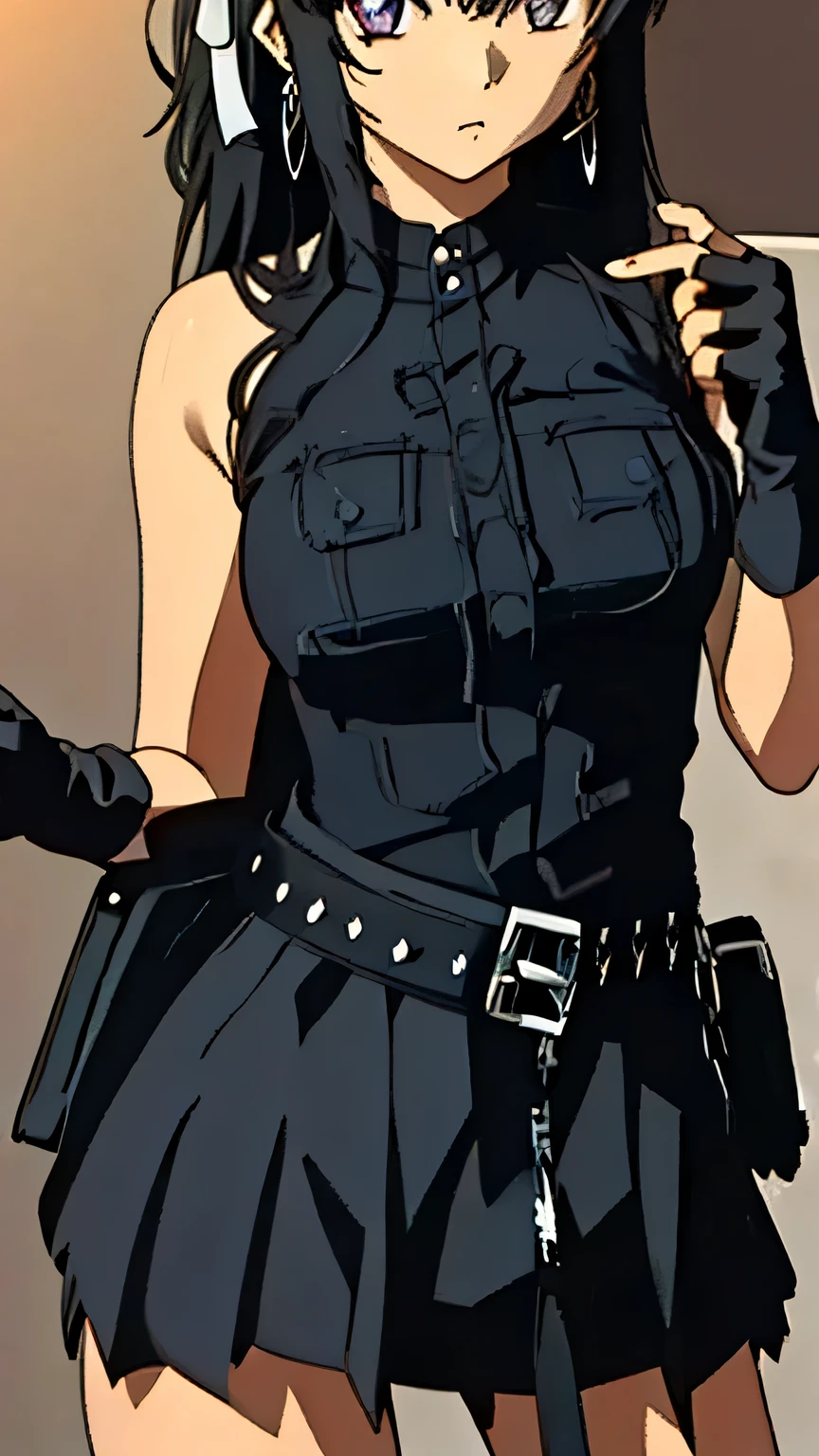 (masterpiece, best quality, high resolution, 8k:1.2), (anime coloring:1.2), highly detailed, sharp detailed, ultra high definition, (perfect character design, perfect face, perfect eye, perfect hair style, perfect hair ribbon), perfect body, beautiful body, beautiful skin, beautiful breasts, beautiful legs, beautiful hands, perfect hands, beautiful finger, beautiful face, beautiful eyes, symmetrical eyes, kaede, 1 girl, solo, purple eyes, hair ribbon, black hair, long hair, bangs, (medium breasts), ((expressionless)), (street rock fashion, (black clothes:1.3), ripped skirt, fingerless gloves, belt, earrings, heavy makeup, street corner), (cowboy shot:1.2), (dutch angle), looking at the camera, The gaze camera focuses on the center of the image,