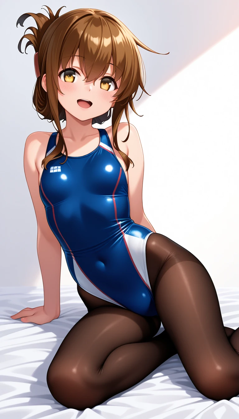 High resolution, woman , good lighting, despicable, , (No nudity), (((navy blue school swimsuit))), ((navy blue school swimsuit)), (((knee high socks))), cute face, I&#39;m embarrassed and blush, humiliating, ((sit with legs spread)), ((wet with sweat))((A sticky liquid adheres to the body))sit on the bed in the room、