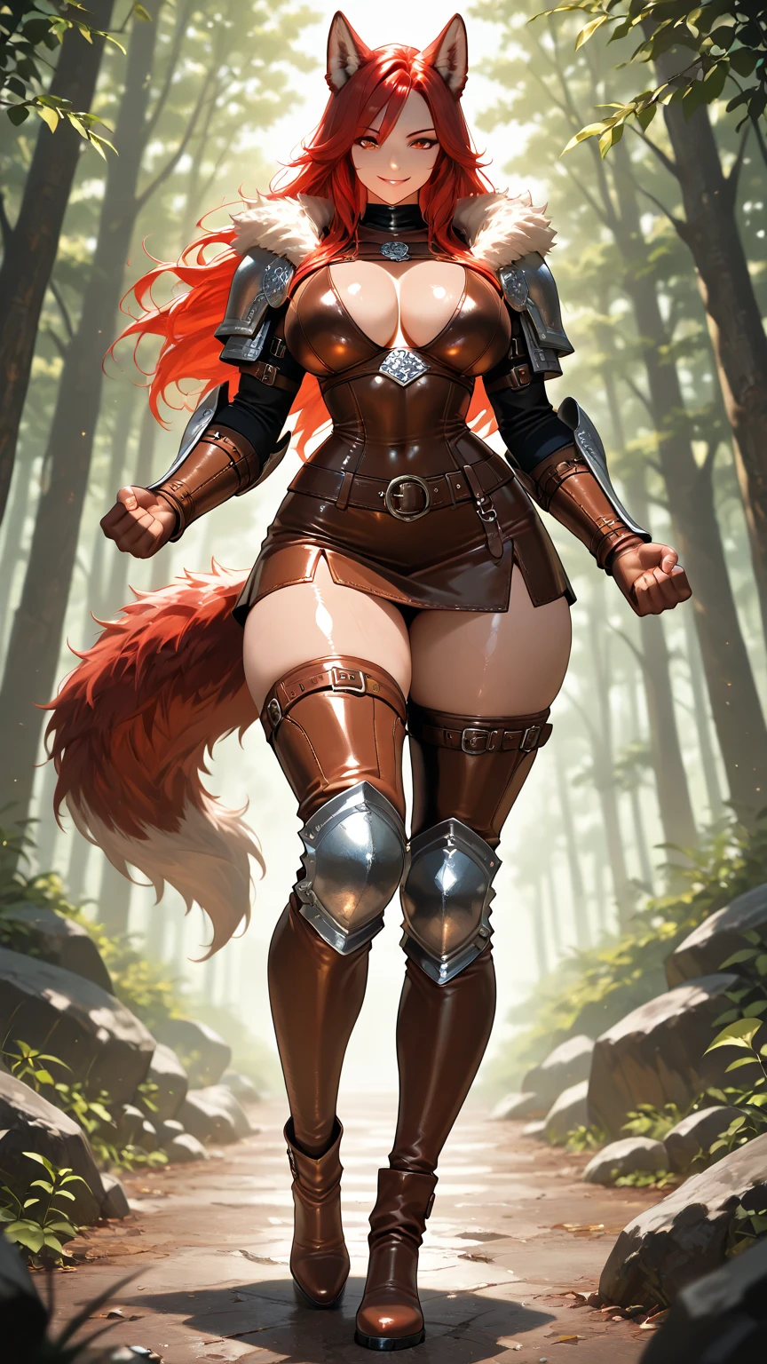 score_9, score_8_up, score_7_up, (An Anthro furry wolf girl, golden blonde furry body, red hair, snout, black nose, MaleniaDef, helmet, covered eyes, covered eyes, single mechanical arm, prosthesis), naked, nipples, full body shot, majestically sitting on a tree trunk, in a cave with overgrown trees and vines, bare legs, cowboy shot, upper body shot