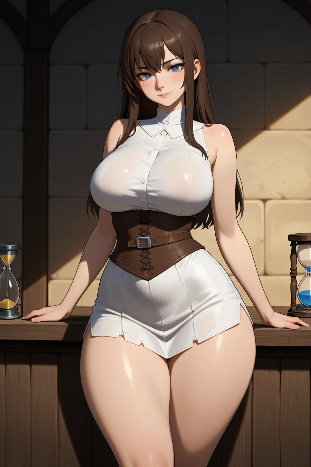 ((1girl, solo)), Carla Yeager, large breasts, beautiful body, (perfect ???????, perfect body, perfect hands, perfect legs), nice hands, natural proportions, sexy body, standing BREAK
((extremely detailed face)), brown eyes, (beautiful detailed eyes:1.6), (realistic pupils, realistic iris:1), expressive eyes, looking at viewer, (clear eyes:1.3), (hyperrealistic:1.2), (detailed skin texture:1.2), smooth skin, black hair, long hair, hair over shoulder, (detailed lips:1.2), (attractive lips:1.1), (glossy lips:1.1), smile, parted lips, perfect face, perfect eyes, necklace BREAK
(yellow shirt:1.5), collarbone, cleavage, ((covered nipples)), long sleeves, pencil skirt, (brown skirt:1.5), high-waist skirt, (skin tight skirt:1.5), thighs, zettai ryouiki BREAK
night sky, starry sky, moon BREAK
(masterpiece:1.5), anime-style, top quality, best quality, (beautiful and aesthetic:1.2), (ultra detail:1.5), Ultra-detailed depiction, Ultra-precise depiction, extremely detailed 8k illustration, high resolution, (highly detailed shading:1.2), (realistic lighting:1.4), perfect lighting, vibrant colors, dynamic tones, striking hues, 8k, absurd resolution, perfect shadows, hdr, UHD, ambient lighting, realistic, ultra-realistic, photo realistic, highly detailed, rich detail, luminous colors, fine texture, intricate design, professional illustration, (soft light:1.2), (illustration:0.7)