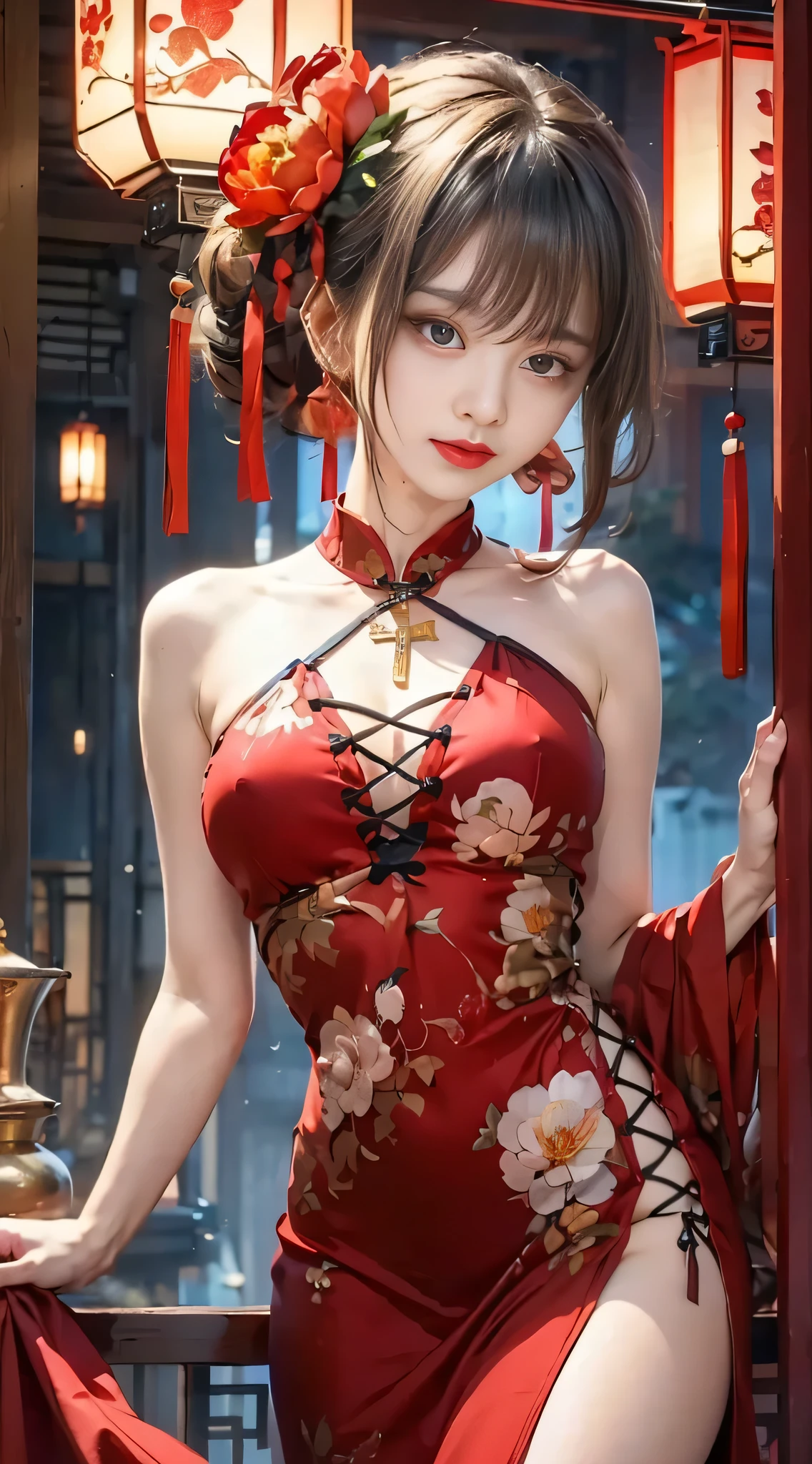 （Front focus），（in the darkness nigth：1.6），Surrealist portraits of women by David Hockney and Alphonse Mucha，((ultra gigantic tits))、((Upper body naked))、( exposed)、((废墟))、((Engaging pose))、Fantasyart，((Short red hair))、((demonic horns))、((Transparent devil's costume))、((Sexy devil costume、photographrealistic，动态照明，art  stations，poster for，Volumetriclighting，extra detailed face，4 k''，((Colossal tits))、Translucent delicate embroidered sexy devil costume，Contains diamonds，Sexy thighs，semi transparent，Adorned with intricately embroidered demonic costumes and fine jewelry，Exposing the abdomen ,Chest 1 girl, In the dark, deepshadow, low tune, Cowboy shot,(official outfit:1.4), The eyes are confused and seductive，legs separated