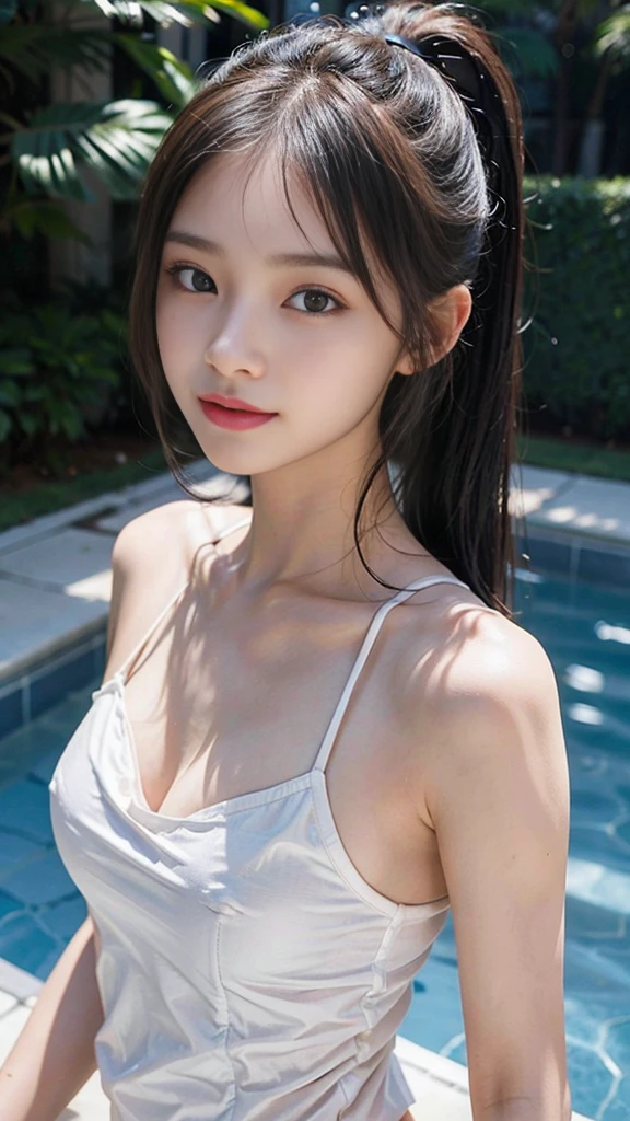 body shot,Outdoor,micro bikini,resort Beach,The highest image quality, High quality, the background is clear,Beautiful woman, Japanese,Ultra-detailed, finely detail, hight resolution, 8k Wallpaper, Perfect dynamic composition, Beautiful detailed eyes , Detailed, Detailed eyes, Detailed skin, Beautiful skin, 超hight resolution, (reality: 1.4),Very beautiful woman, Slightly younger face, Beautiful skin, Slender, (Ultra photo realsisim), (hight resolution), (8k), (Very detailed) (beautifully detailed eyes), (super detailed), (Detailed face), view the viewer, Fine details, Detailed face, Staring straight ahead, Staring straight ahead, photos realistic, Bright lighting, Professional Lighting, Black hair,poneyTail,a baby face,sixteen years old,Hairstyle: ponytail,Long ponytail hairstyle,slight smile,Beautiful Japanese KPOP idol photo, hair style is ponytail, my eyes are double and wide, baby face, smile and look straight ahead, Slender, small breasts,