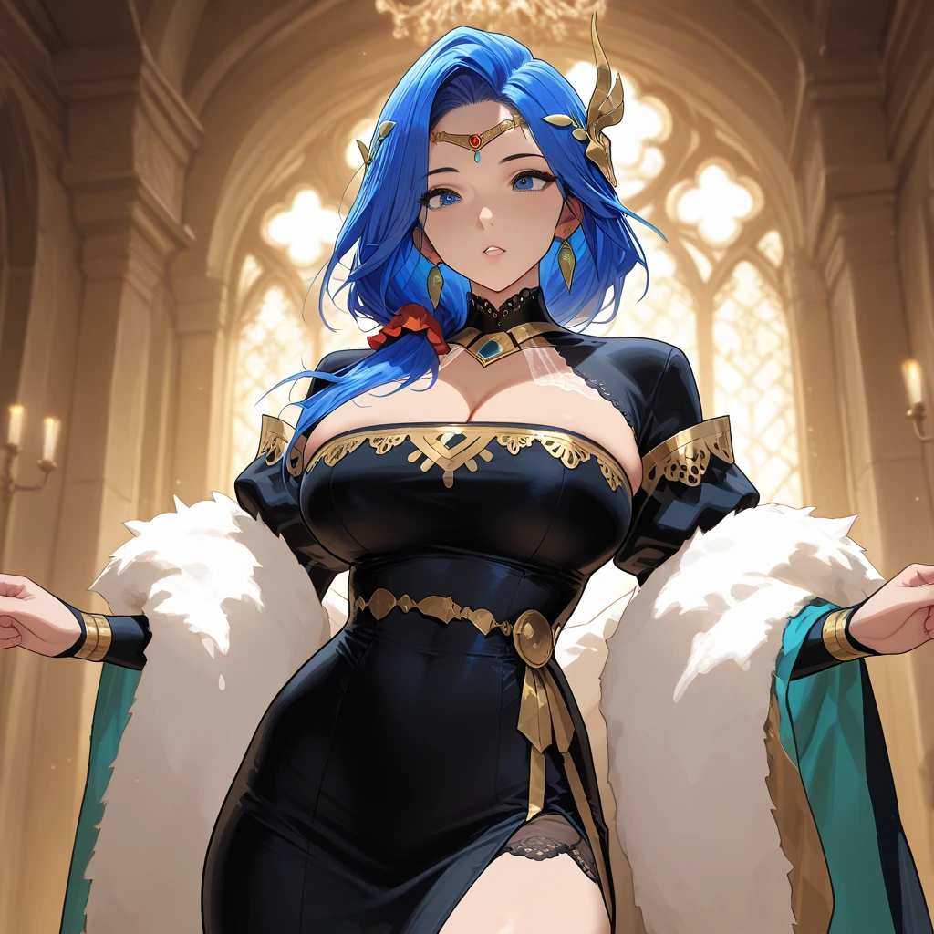 masterpiece, best quality, mature woman, short porcelain blue hair, tiara, showing forehead, gray blue cape, top, beautiful breasts, exposed thighs, dark short dress, belt, wine boots, thigh band, dynamic pose, inside a stone dungeon, dark, dark, nocturnal setting, fantasy, medieval.