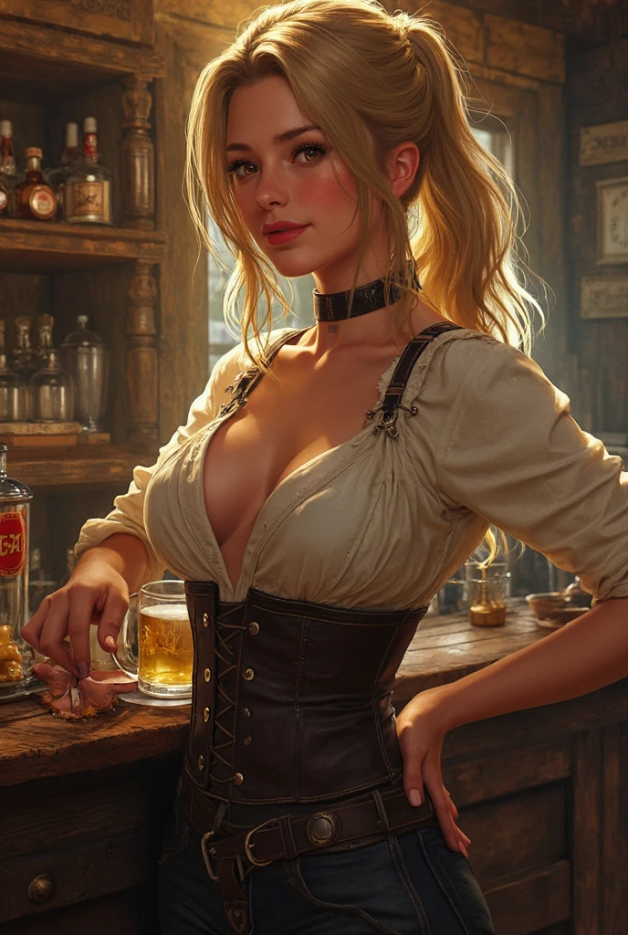(sexy fashion photo. style of [Cathleen McAllister|Ilya Kuvshinov|Loish|Daniela Uhlig|Ross Tran]:1.4), (25 years old, large covered breasts, cleavage, skinny, slender, young woman:1.5), (Oval-shaped face, luminous complexion, Bright almond-shaped eyes, Arched defined eyebrows, retroussé nose, thin supple lips:1.2), 1850s Western saloon, dim candlelight flickering, ((woman bartender in traditional Old West attire)), waistcoat adorned with intricate embroidery, dusty leather apron, wide-brimmed hat casting a shadow over rugged features, ((background bustling with cowgirls)), worn wooden bar, shelves lined with vintage bottles, ((atmosphere of lively conversation and clinking glasses)), rustic wooden floorboards, antique oil lamps, walls adorned with period-appropriate Western-themed artwork, ((a sense of adventure and wild spirit)), ((woman bartender polishing a glass with a rough cloth)), her expression one of experience and stories untold, ((fashion details: leather boots with spurs, bandana around neck, shirt with rolled-up sleeves)), ((surroundings: patrons in a mix of cowboy hats and top hats, poker game in progress in a corner)), subtle smoke haze from a lit cigar, ((mood: a blend of camaraderie and suspense))
