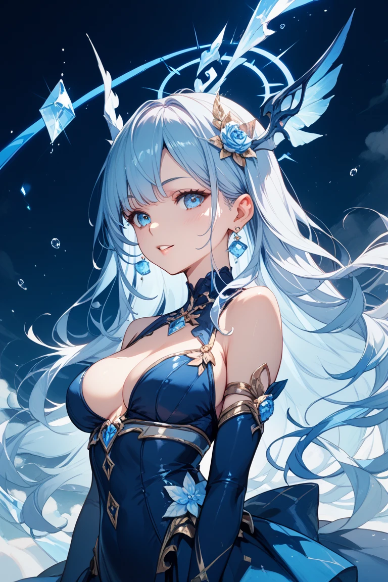 Pretty girl、A charming smile、Blue Long Hair、Engaging pose、Blue and white costume、Fantasia、Crystal jade、constellation、a moon、Fantastic background