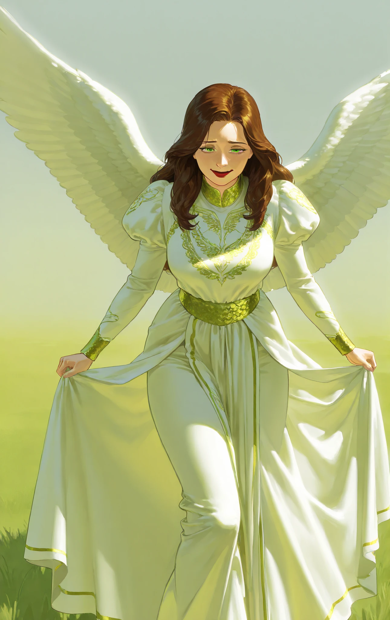 1woman, long chestnut brown hair, green eyes, red lipstick, curvy and maternal figure, white angel wings, soft yet commanding presence, dressed in flowing white gown with green-gold embroidery, standing on grassy field under daylight, isolated plain background, gentle posture, expression neutral, facing forward, She surrounds us with a confident maternal smile
