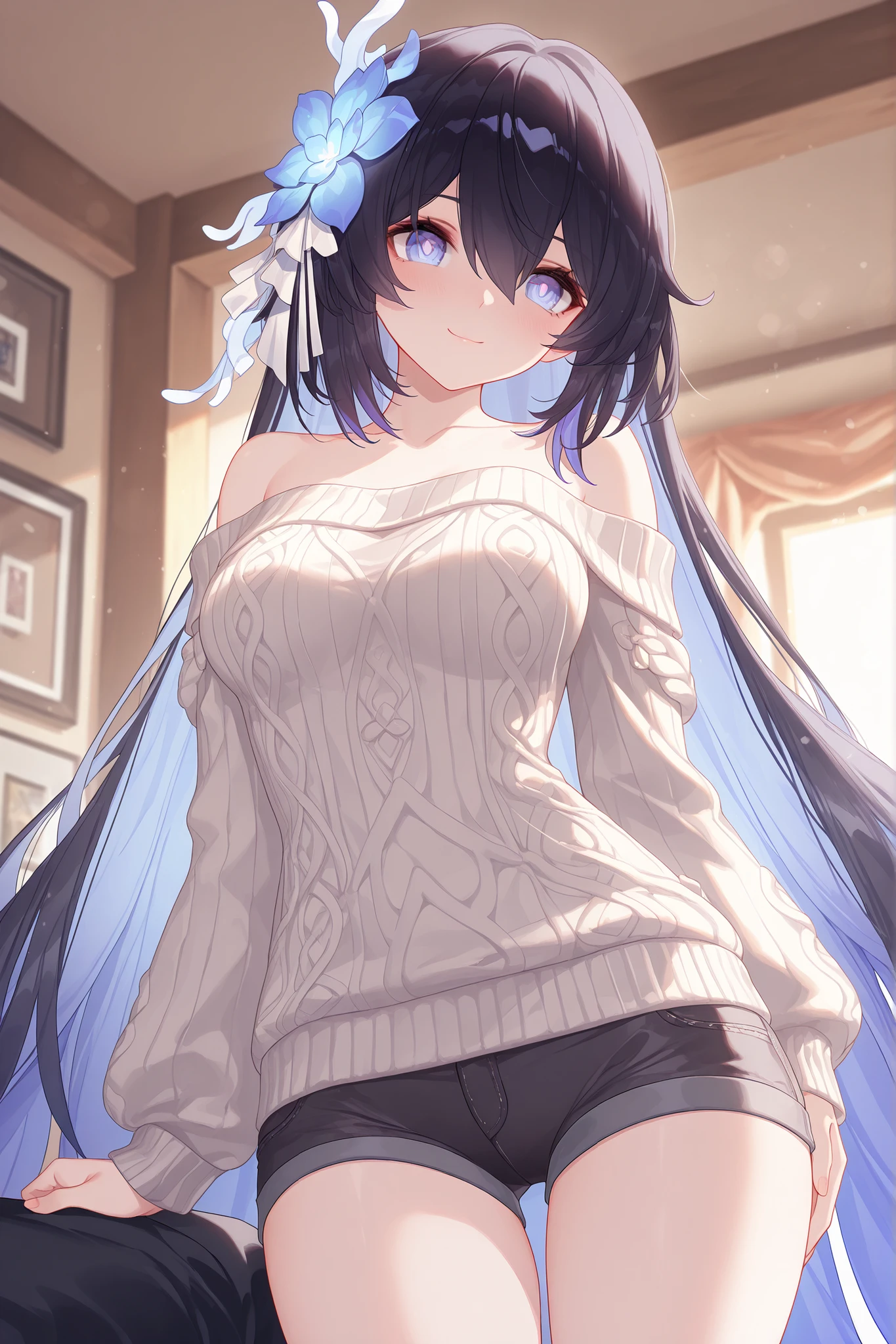 ultra-detailed,(best quality),((masterpiece)),(highres),original,extremely, beautiful woman, Seele_Alt, Herrscher of Rebirth, honkai  impact, 1girl, girl friend, little smile, breasts, sweater, short pants,