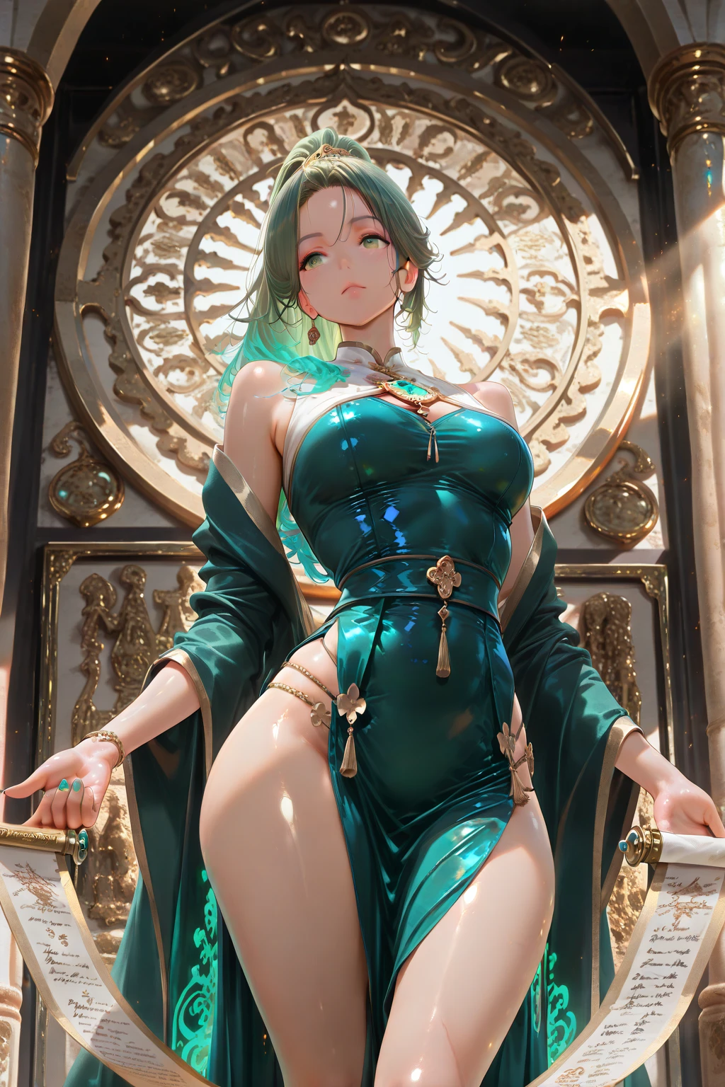 Anthropomorphic Gemstone Peridot、(​masterpiece、top-quality、top-quality)、(((Beautiful anime style girl、)))、28 year old、oversize model、((((beutiful breast)))、((Yellow-green hair)))、greeneye、Hairstyle is short hair、Fetishes、Hair is rolled inside、Extreme details、colourfull、Groism、Pakistan Mage Frame、Art concept art by Can Riffis and Vadimukasin、Ethereal、Bold poses、flawless、Pure form、the golden ratio、Khan Griffith、Wadim Kashin、john william waterhouse、abstract  art、 (​masterpiece、top-quality、hight resolution: 1.4)、More about realism、color splashes、line-drawing、Fibonacci、concept-art、foco nítido、illustratio、Art by Alphonse Mucha、Tarot Cards、Sexual References