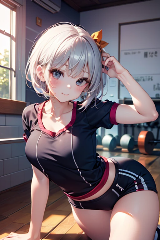 Face up, (From the front: 1.2), (Crawling on all fours: 1.2), (Looking down: 1.2), Breaking girl, Casual, Gym clothes, Jersey worn, School gymnasium, (Bra: 1.2), Breast gap, Medium breasts, Down blouse, nipples visible, no bra, slouching, short hair, light cream colored hair, red eyes, 8K, top quality, masterpiece, super detailed, full lips, blush, perfect hands, detailed hands ,,,perfect hands,detailed hands,,smile,smile,on gymnastics mat,gymnastics mat,gym clothes,wearing jersey,wearing spats