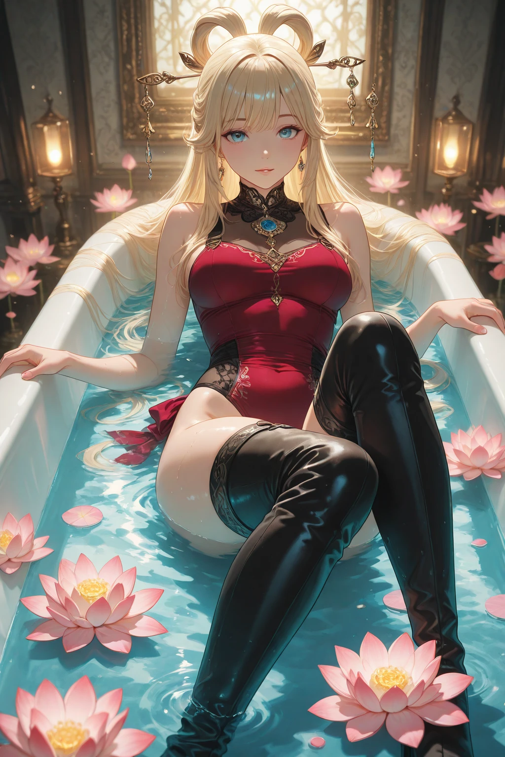 Underwater world Atlantis，abyssal，Epic reality，(hdr: 1.4)，1girll，25 age old，Silver hair，Pick and dye red hair，The beautiful，A heartwarming smile，Large breasts，Bigchest，thick leg，plumw，Floats in the middle of the frame，Thick lips，Charming eyes，Purple pupils，mature，Raised sexy，happy laughing，Open-mouthed，Side Body，((Sit Pose，))Sit in the golden seat，levitating，Thick lips，revealing breasts，Bare genitalia， Bulge，legs are open，Raised sexy，Camel toes，Desire for dissatisfaction，（Correct face 1.4）（Wearing：Gold slip dress，Metal-trimmed skirt，Flowing skirt），expose arms，（Background with：Ruins of Atlantis，deep sea creatures，The corals，）Fantastic and incredible，Epic composition，(Complicated details)，(Complicated details，Hyper-detailing:1.2)，art  stations，（tmasterpiece，best qualtiy）surrealism, shadowing, anaglyph, stereograms, tachi-e, angle of view, Atmospheric perspective, Color field painting, art-deco, conceptual art, Chiaroscuro, Cinematic lighting, Lens flare, Sony FE GM, 8K, Super detail, ccurate, Best quality, A high resolution, Award-Awarded, Anatomically correct，（Beneath your feet：Destroyed buildings，）Deep background，（Right eye 1.3），（Correct hand 1.4），Barefoot，without wearing shoes，Deep in the ocean，Gentle eyes，Sexy gesture，Place your right hand on top of your head，The left hand is in front，Correct number of arms，((Trampling on the audience:1.2)),（（（tmasterpiece），（Very detailed CG unity 8K wallpaper），best qualtiy，cinmatic lighting，detailed back ground，beatiful detailed eyes，Bright pupils，Blue eyes，Snow-whiteskin，Redlip（Very fine and beautiful），（Beautiful and detailed eye description），ultra - detailed，tmasterpiece，））((legs are open:1.4))Right leg raised，The left leg is slightly bent，Left leg straight，Correct foot，Correct leg results，Red and white skirt，Red water sleeves