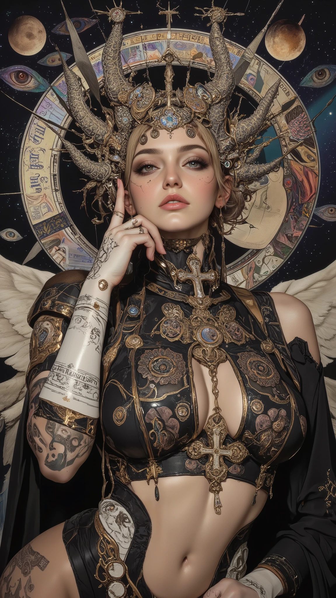 Surreal Painting, An extravagant, mysterious female figure dressed in intricately embroidered black and white finely cut seductive attire that hides nothing about her perfectly made voluptuos and statuesque, the harness hugs her ravishingly captivating form along with layers of a dark transparent cloak that recalls tales of Helen of Troy or Persephone, short but very well styled dirty blonde hair, showing plenty of cleavage and elegantly tattooed skin but nothing too indecent, A jeweled rosary with a largepentagram instead of a cross rests on her shoulder,Allusions to a historical or religious background or past lives but of an occult nature, secret histories and universal laws of the metaphysical world are hinted at in her expressive mysterious eyes, her hands are tightly gripping a very ancient illuminated book of Alchemy glowing with ancient magics and Angelic Enochian magic, with arcane graphs and suggesting studiousness and contemplation, A number of abstract shapes and dragon heads, cyclops things and creatures of myth blend seamlessly around the mysterious figure's head,Set against a vivid , an alien cosmic montage of strange vistas of backdrop, Jagged iridescent geometric shapes, The background features celestial bodies such as planets and moons,Above these shapes are disarticulated eyes,Adding to the dreamy, mysterious atmosphere, The scene is set in a dark, expansive temple open to the sky, Suggesting a journey through time and space, The contrast of light and shadow, Fantastic Mood, A visually appealing piece, Deep symbolism, Various interpretations.