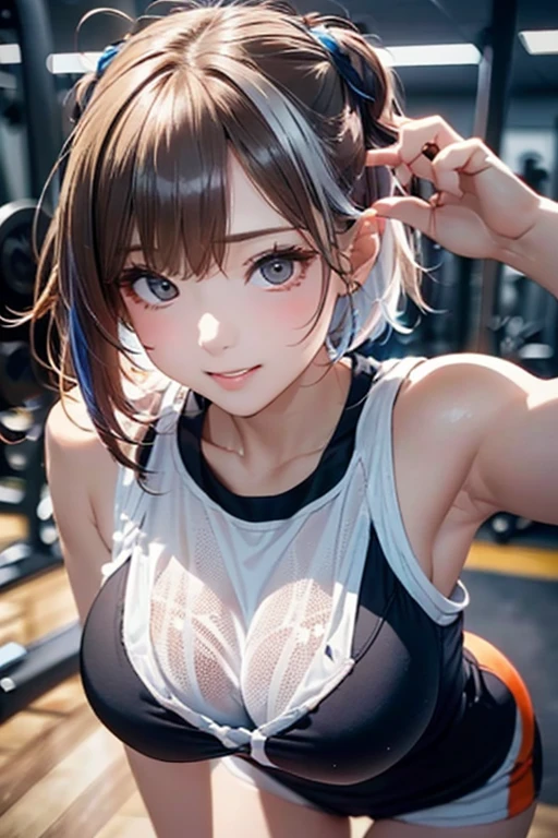Masterpiece, Score_9, score_8_up, 8k, ultra-detailed, Ultra-high resolution, high-quality, 1girl, cute, perfect anatomy, sleeveless hoodie, arms up, tying hair, medium breasts, sexy, looking at viewer,