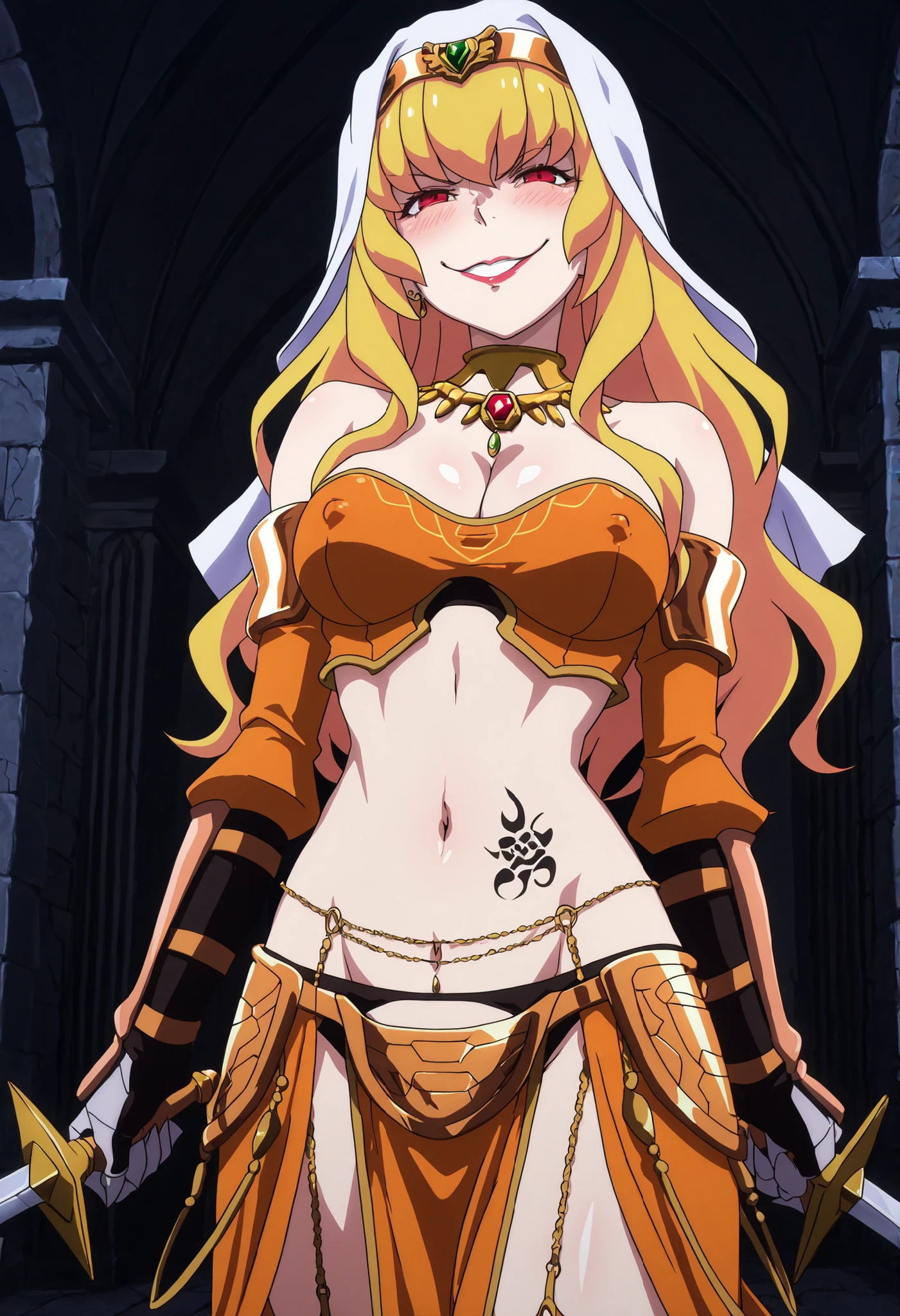 ftselenecas,mature female,pink eyes,mature female, blonde hair, long hair, blush, lipstick,,jewelry, earrings, Hot girl, baddie, bad attitude, mean girl, crazy, smoking, sensual, attractive , masterpiece, best quality, highly detailed, fantasy , a anime girls in armored dress holding a sword
posing for a picture, evil smile, smile, open mouth, breastplate with open cleavage, cleavage, warrior
outfit, ecchi anime style, anime girls, ecchi style, (nsfw) not safe for work, ecchi, digital anime art!!, in
anime style, official artwork, visual novel cg, beautiful anime girl, anime style 4 k , loincloth, exposed
belly, exposed navel, exposed midriff, exposed lower belly, pencil skirt armored, castle,inside castle, navel piercing