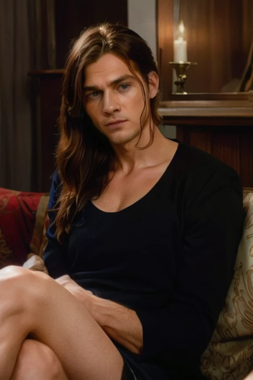 masterpiece , dacre montgommery, mullet hair, medium length hair, royal prince, royal fashion, dark fashion, big muscles (looks at the viewer:1.2) , (8k, best quality 1.2), ultra-detailed, 8k uhd, soft lighting, high quality, film grain, beautiful lighting, cinematic, sexy, gay