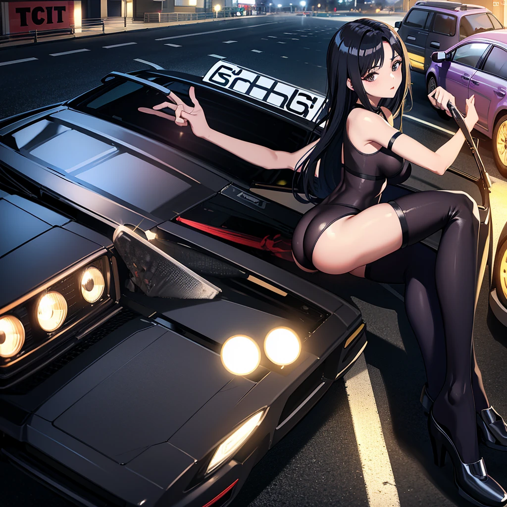 1 girl, Sit on the hood of the car, smoking, night time
