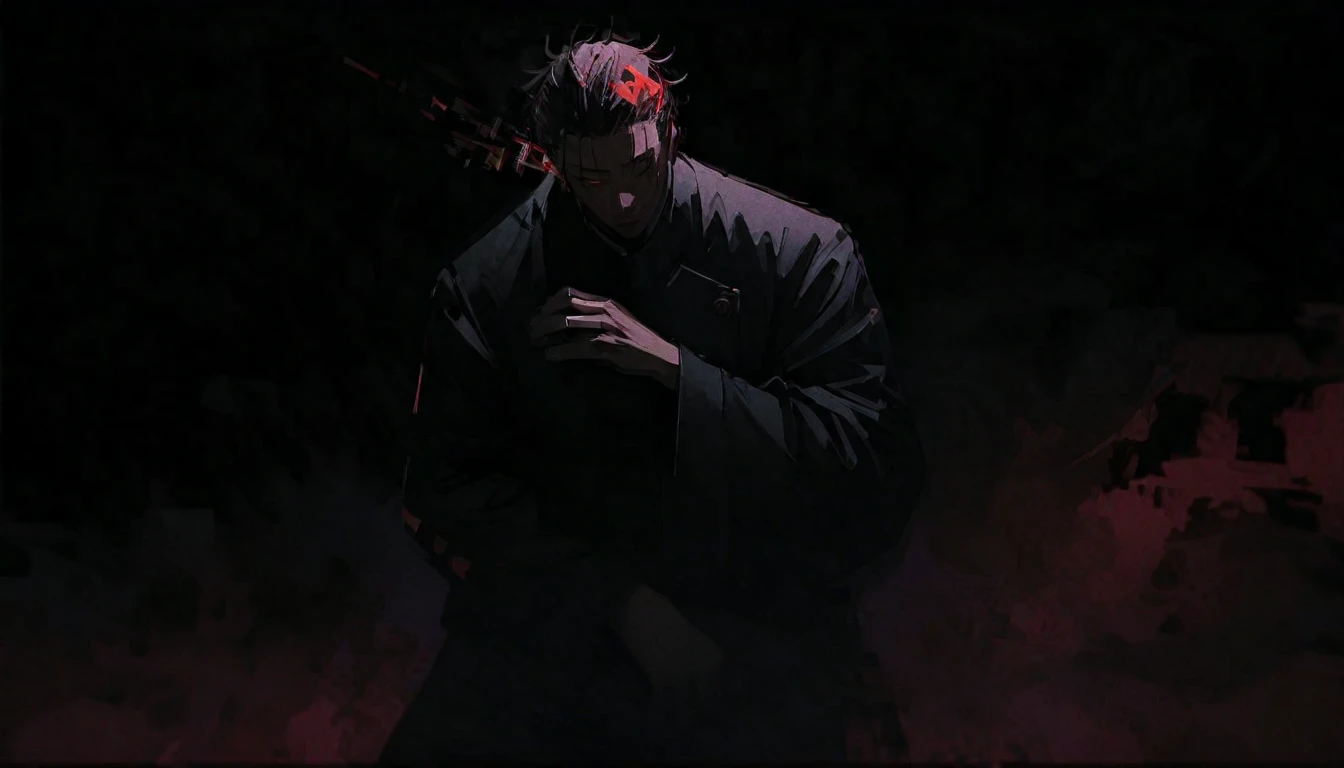 
---

"Create a dynamic and intense artwork featuring Yuji Itadori and Sukuna from 'Jujutsu Kaisen.' Yuji should be depicted in a powerful stance, with determination in his eyes, while Sukuna's malevolent presence looms behind him, embodying his sinister nature. Incorporate a glitch effect to symbolize the chaotic and unstable connection between them. Use sharp contrasts, fragmented visuals, and digital distortions to enhance the tension and complexity of their relationship."

---

