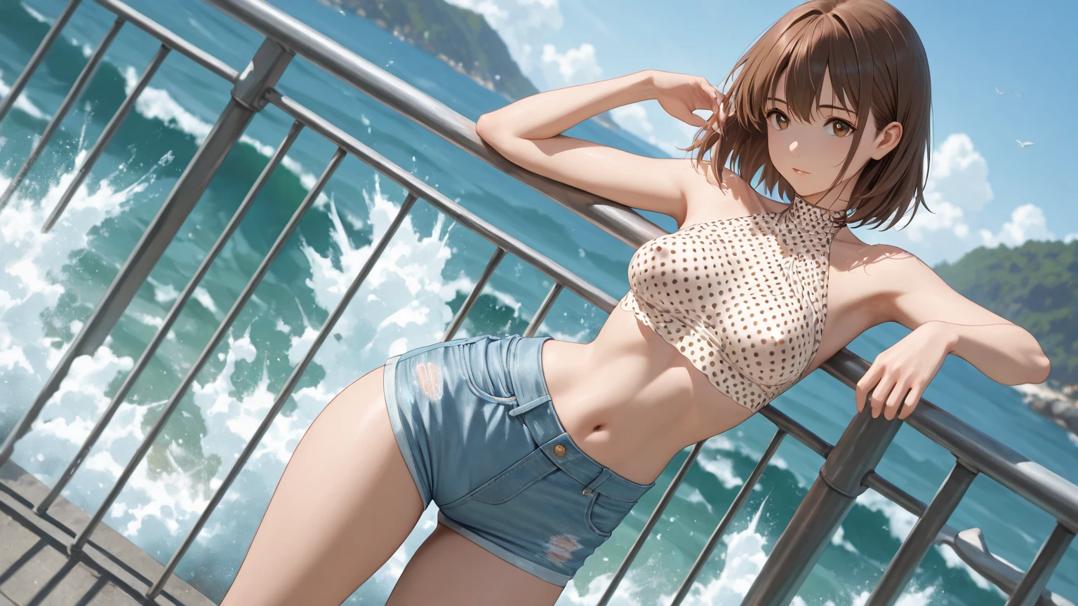 Browsing Caution　(Highest quality:1.5, High resolution, 超High resolution, 4K, Detailed lighting, Shaders), Browsing Caution Misaka Mikoto,　{alone}++ short hair　Brown Hair　Brown eyes　Cool face　White thong bikini　Realistic sun rays　 Beautiful beaches　Super fatty muscle　Muscular　Beautiful ass　Beautiful back　Sweat　Oblique angle from behind　Stick your butt out　On all fours　　Wet crotch　Flowing body fluids　　　Completely naked　topless　Beautiful beach