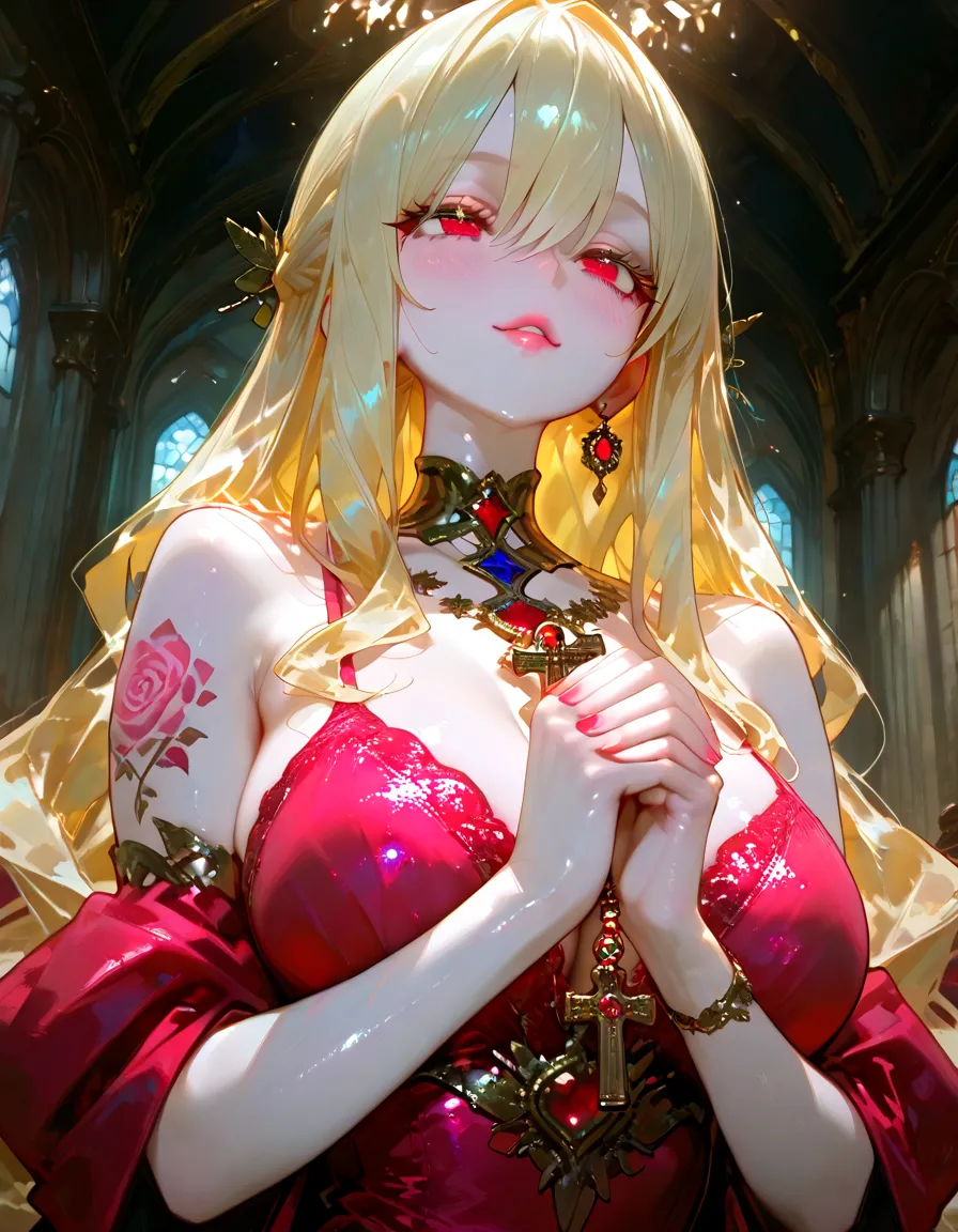 (domination) (femdom:1.5) (very close up) (1girl) (adult woman) (topless:1.1) (elaborate beautiful red gold dress:1.2) (ruby red chains on wrists) (girl looking at viewer intently) (ruby red halo) red rose choker, night, dark cozy bedroom, Good lighting, Shadows in the movies, very large breasts, thin waist, Long HAIR, (blonde hair), original HAIR style, Dynamic Angle, (detailed face:1.3) (dynamic lighting:1.5), (horny look:1.4) (ruby red eyes glowing with power) (ruby red leaf bracers on arms) (ruby red leaf hair piece) (elaborate ruby necklace) (red roses on bed:1.3) (red roses in hair) (stunning beautiful red eyes)