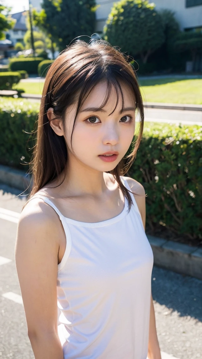 masutepiece, Best Quality, Illustration, Ultra-detailed, finely detail, hight resolution, 8K Wallpaper, Perfect dynamic composition, Beautiful detailed eyes, Natural Lip,White T-shirt:1.9,small black pleated skirt,,Full body