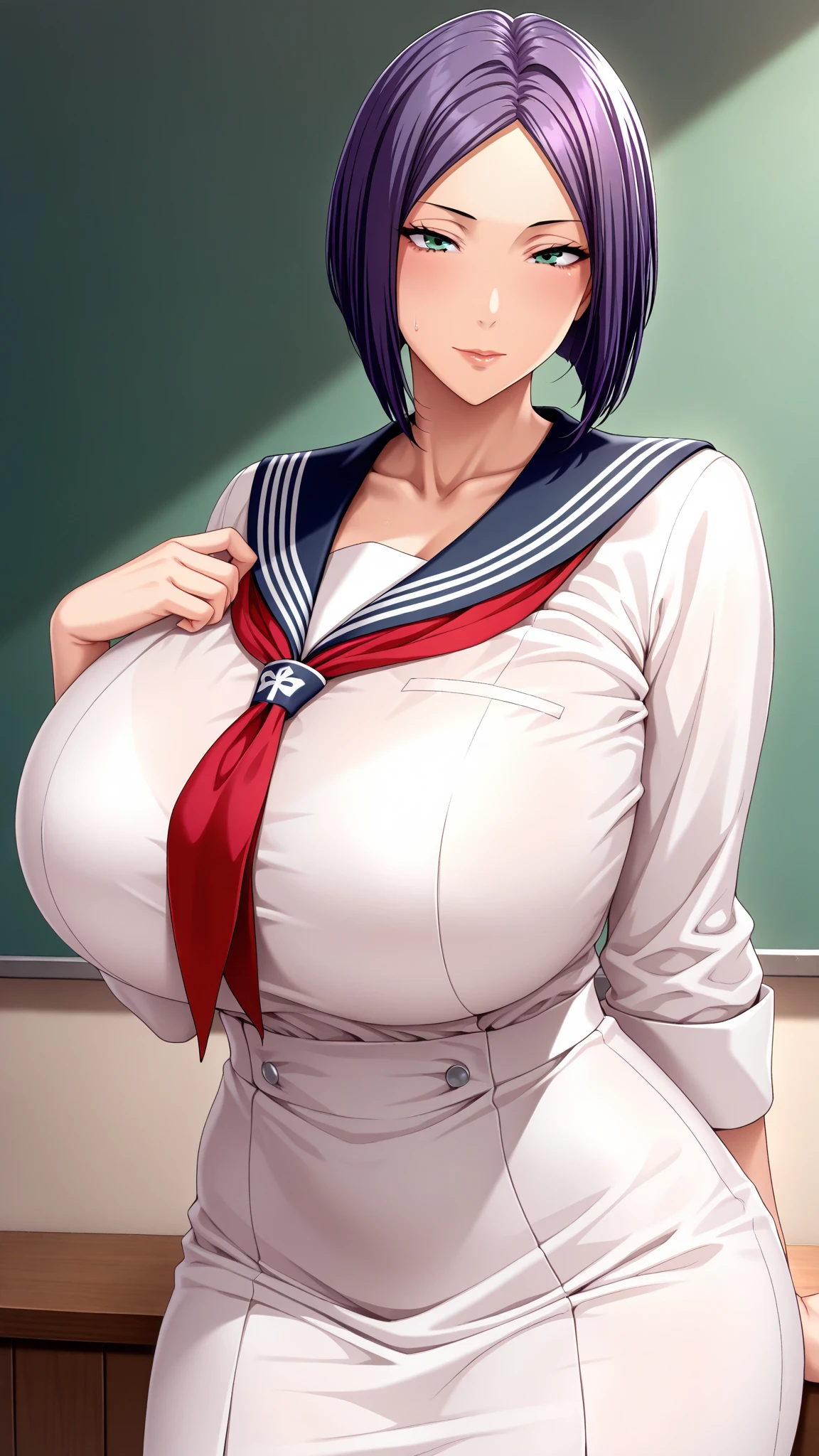 ((smile, grin)), (hands on hips), (from below), low angle, low-angle, school clothing, school shirt, ((white shirt)), baju anak SMA, sekolah, school skirt, ((pale blue skirt)), collarbone, ((a little Dark Blue hair)), (bright fading hair below part), white eyes, Bangs,short hair, Name tag, nametag, tight clothes, buttons, (boob window), cleavage, nobara1, asuna, puuna, fubuki,
1 girl, 20yo,Young female, Beautiful Nose,Beautiful character design, perfect big eyes, perfect face,expressive eyes,perfect balance,
looking at viewer,(Focus on her face),closed mouth, (innocent_big_eyes:1.0),Light_Smile, large breasts, cleavage,
official art, (Beautiful,large_Breasts:1.6), (beautiful_face:1.5),(narrow_waist),