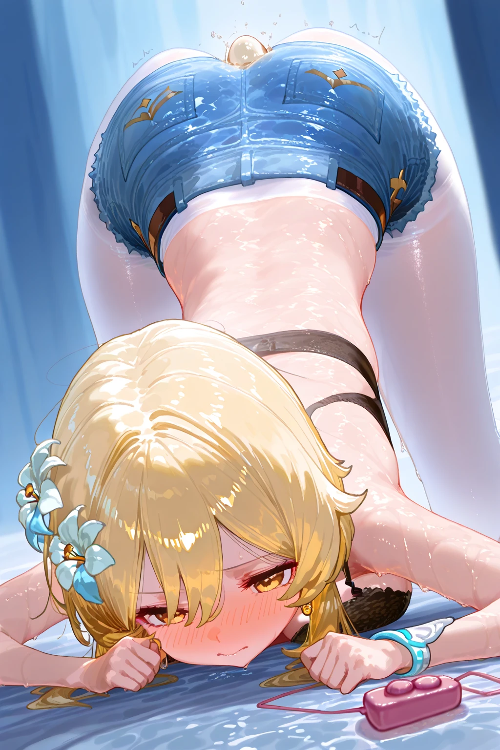 Highest quality、Best image quality、masterpiece、One Woman、Tsunade Def, Forehead mark, Bikini Top Holder, White leggings、High kick, ((legs up)), smail, Natural light、Shallow depth of field、Lens flare、Dynamic Angle,