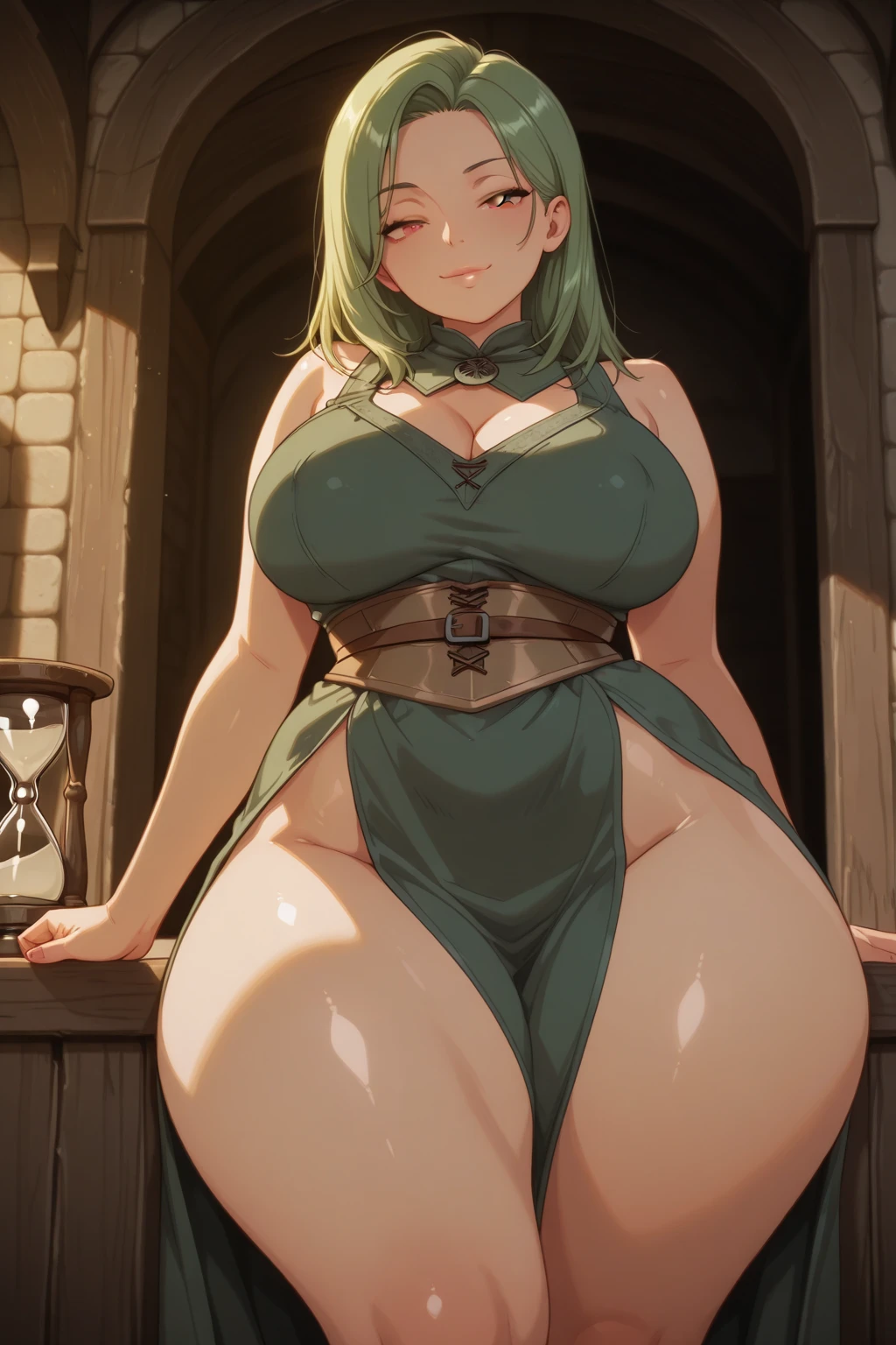 Masterpiece, hi res, absurdres, Best Quality, 4K, detailed, HD, {{Artist:NTRman}},by NTRman, Mature Female, Mature face,green eyes, prominent lips, Big lips, red lipstick, milf, age 40, short red hair,huge breasts, saggy breasts,thick,blushing, opening door, tattoos, jewerly , fantasy female armor, sword