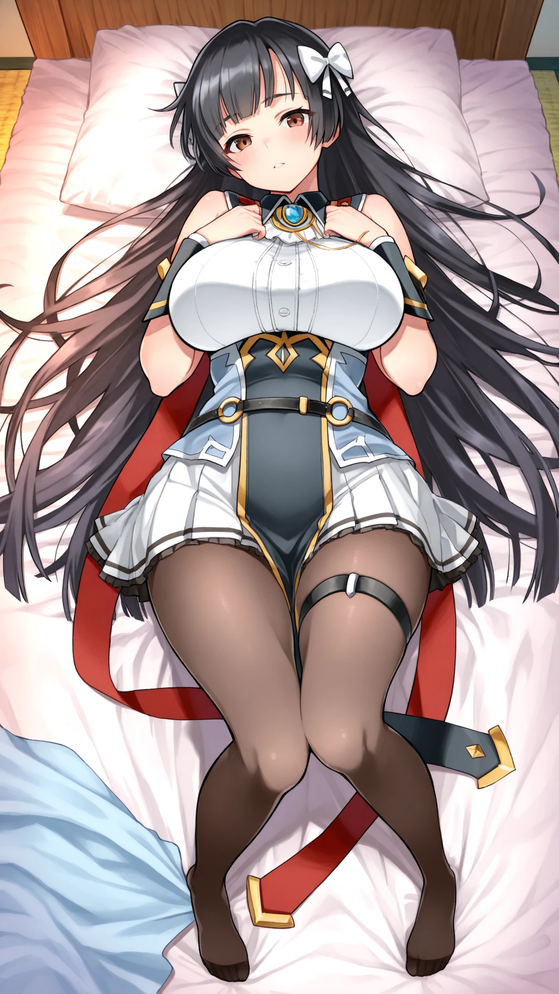 Highest quality, Official Art, masterpiece, Fabric Shading, High resolution, Very detailed, colorful, Best details, Fantasy, Combat Uniform:1.5, 1 female, Age 25, Black Hair, Long Hair, Up Bang Hair, One Length, Standing on the stairs, A castle town with an old castle view, sunny, Random Hair, Large Breasts, skinny, Surrounded by many people:1.9, Confetti falling, Blessed, welcome:1.5, Camel Toe:1.3, Ground level shot:,No stockings,No stockings,squat, Spread your legs