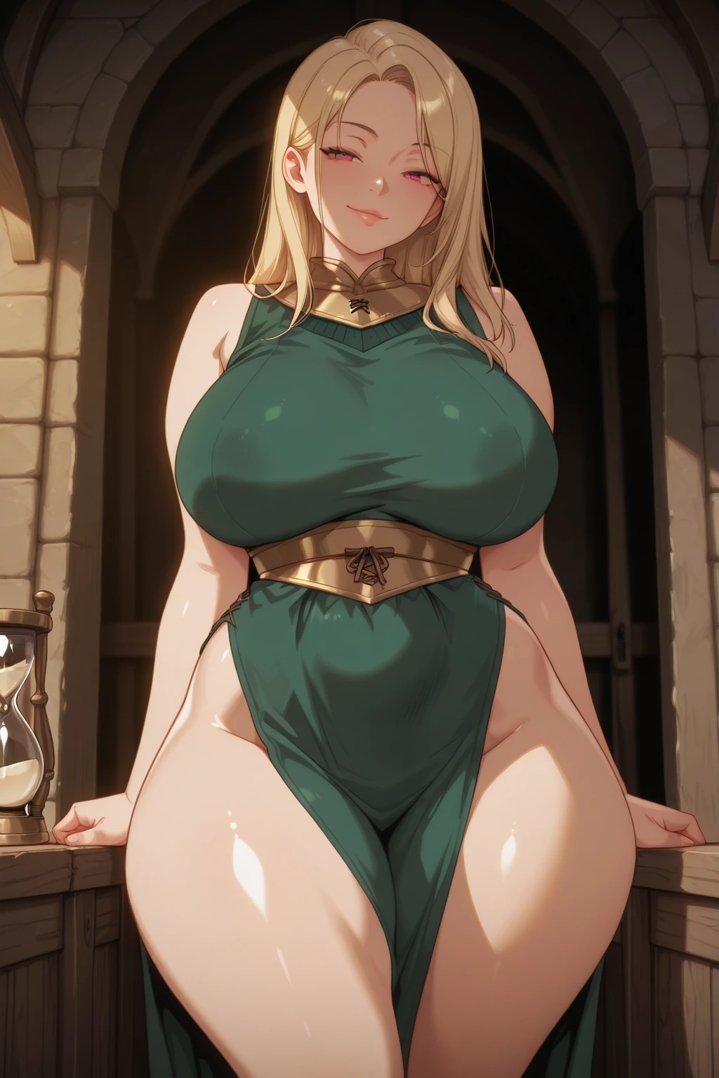 An elf with big breasts, athletic bodies, green hair with braids, red eyes, a green bikini, a long skirt and armor.