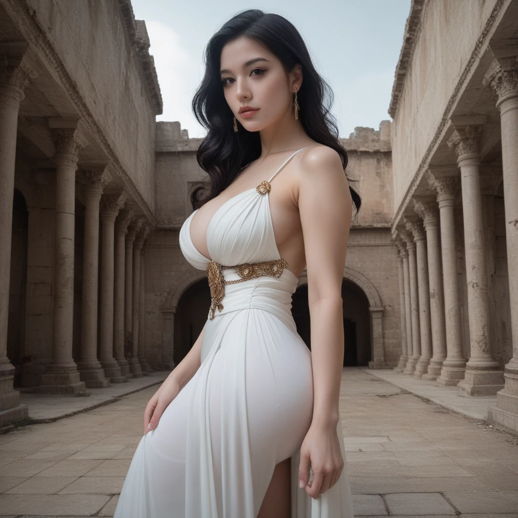 Foto hiperrealista en primer plano de Kim Joo (Korean girl), Create dystopian masterpieces, scene from ancientRrome, traditional white roman long dress with gold belt, ancient Rome patio, beautiful woman, skinny skinny, large breasts, black long hair, detailed face, smile, facing the camera, photo taken from a distance, age of 25 years old