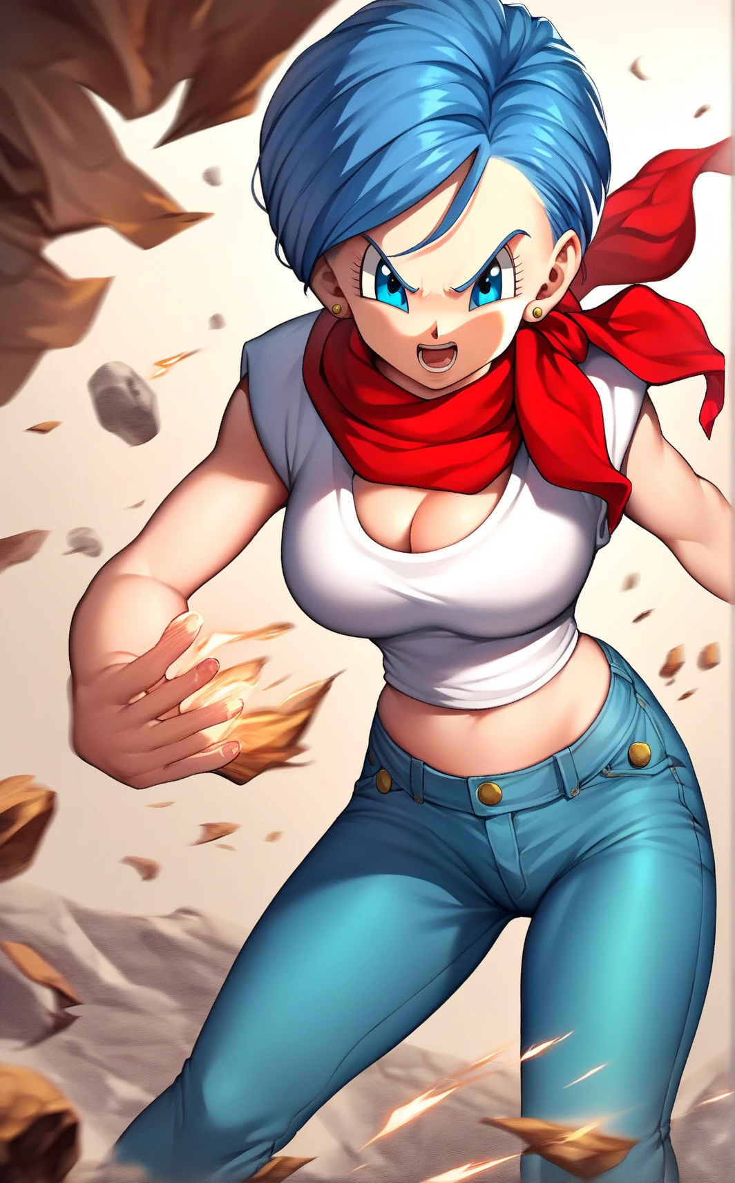 score_9, score_8_up, score_7_up, score_6_up, BREAK Bulma, topknot, wearing climbing gear, gloves, big breasts, evil smirk, sweating, in a rocky forest area, looking at viewer, dark clouds, bending forward, front view