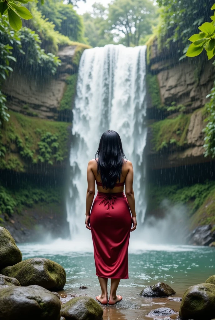 Ray tracing, 8k resolution, masterpiece, photo realistic, realism, forest, river, ICE, lava, volcano, beach, sunset, waves, lightning, thunderstorm, realistic lightning
Standing in the waterfalls 
1 cute girl, teen, tomboy, beautiful big tits, flat chest, bitting lip, (blue eyes), (long straight blond hair), (seductive smile), perfect skin, flat stomach, (sexy red dress:1.3), (short dress, slit dress, camisole dress:1.3), (deep neckline:1.5), no top, nude, loving embrace, passion, desire, looks at the camera