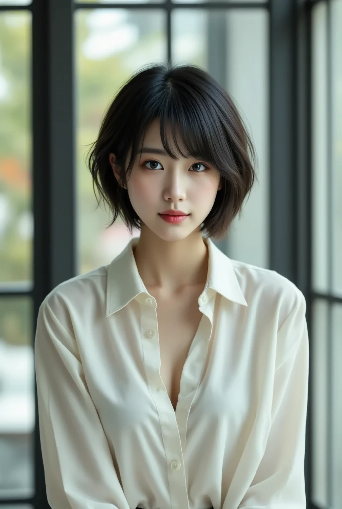 (RAW photo, highest quality), (realistic, photo-realistic:1.3),1 girl, black hair, Bangs on eyebrows, bob cut hair,realistic, 超realistic, cinematic lighting, 32K, Backlight, (bright light:1.2), (Improvement of quality:1.4), (highest qualityのリアルな質感のスキン:1.4), fine eyes, detailed face, close up of face,looking at camera, round face,blouse, (Enhances the beauty of skin texture:1.1),simple background