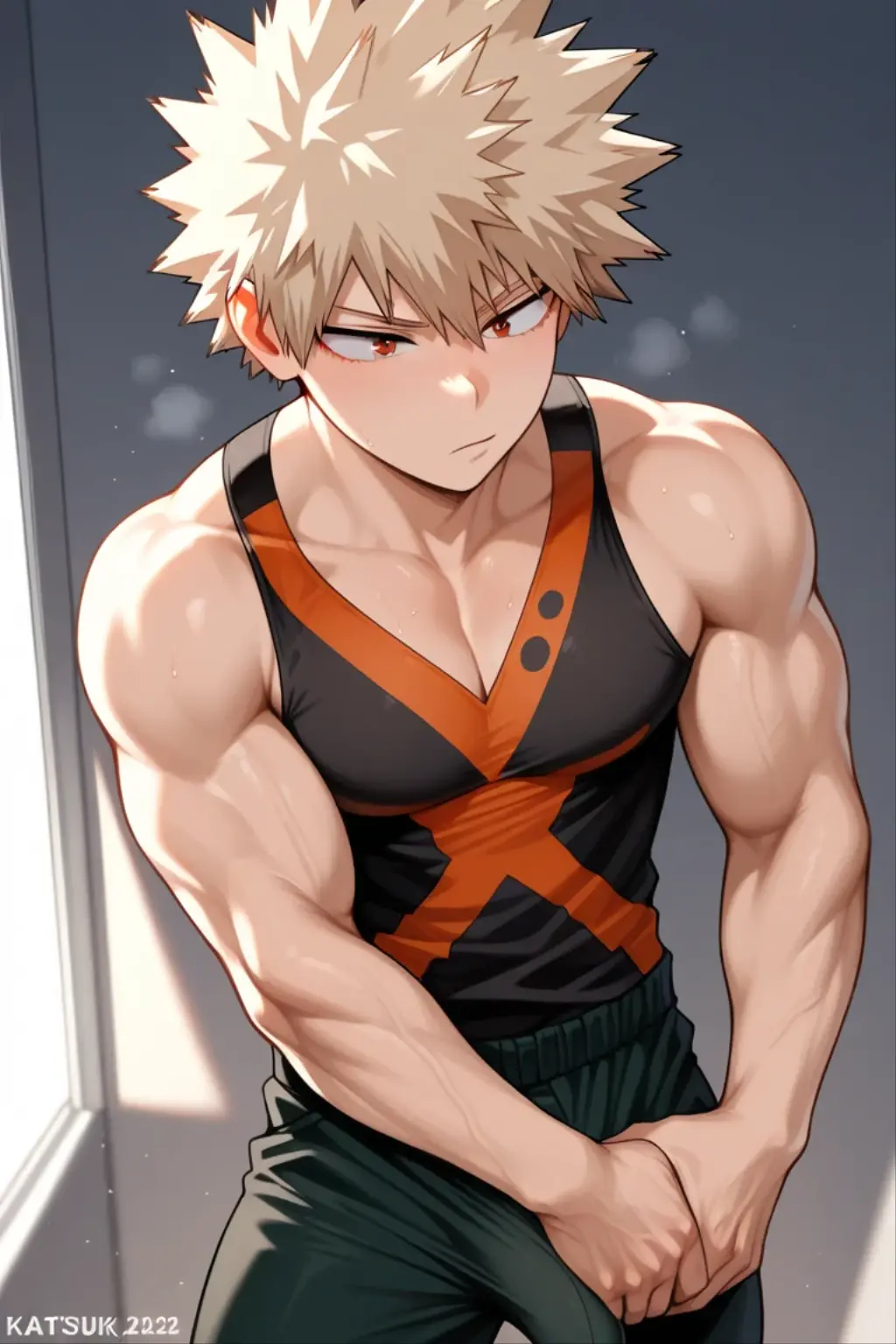 Top quality, Photorealistic, 8K, High definition, Unity 8k wallpaper, A high resolution, ultrasharp, Masterpiece, ((Masterpiece)), Best quality, Intricate details, Expressive eyes, Perfect face, Detailed face, Carefully open your eyes, Detailed eyes, Highly detailed and delicate figure art, Ultra-realistic, Detailed body, Detailed pectorals, ((Male focus)), Detailed muscles, From Boku Hero Academy，Katsuki Bakugo， bathhouse， steam，red eyes, huge bulge, with wet skin, big legs, thongs