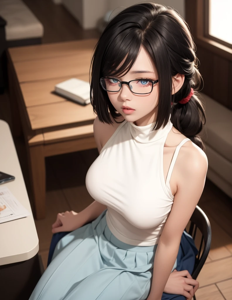 (Tabletop:1.0), (highest quality:1.4), (High resolution:1.2), From the side,Sharp contours,  boyish, highest quality, masterpiece,Glasses,Voice of the Heart,20-year-old woman,yandere,Big Breasts,Chest to chest,Lying face down,Upper Body,Ecstasy,saliva,blush,Squint your eyes,Heterochromia iridis,Tuck up your clothes,lure