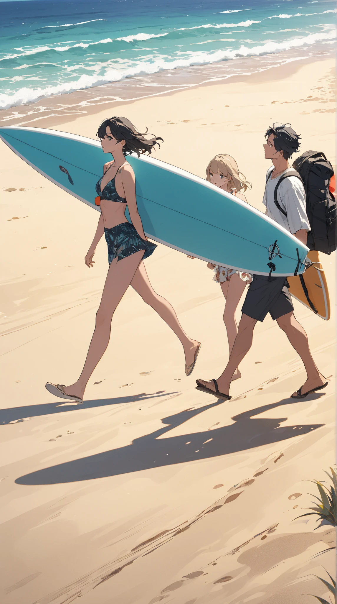 A girl in a bikini and a boy in a swimsuit are playing stand-up paddling on the ocean
