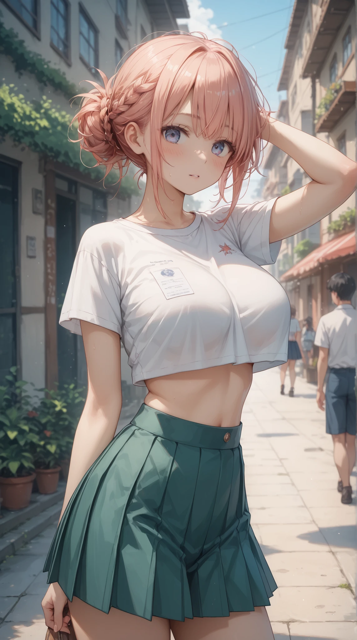 (masterpiece, top quality, best quality)、photoreality、Ultra High Definition、girls, Crop Top、pleated skirt、slim hip、thin tights, summer, living、Sunshine, high resolution, Super Detailed、(Blush、Staring fascinatingly )、(、 cleft)、((Messy Hairstyle))、(perfect )